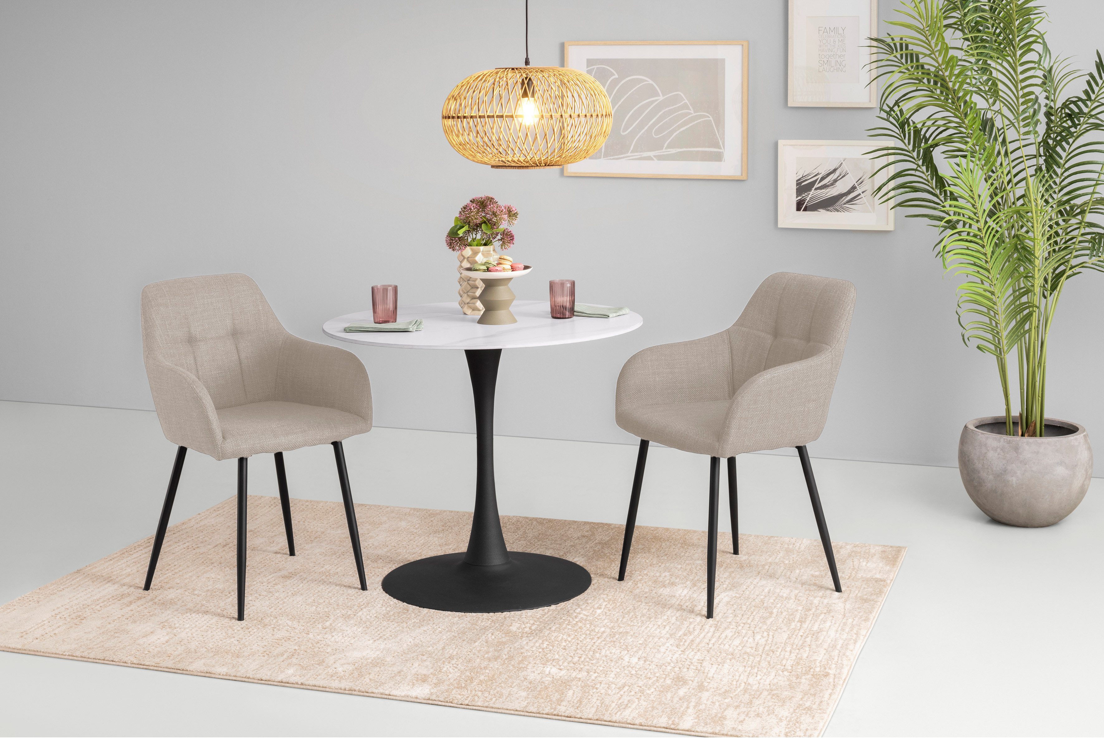 HELA Eethoek MOSEL Tafel 90x75 cm, ronde plaat, gesinterde steen, armleuningsstoel (3-delig) eethoeken wit