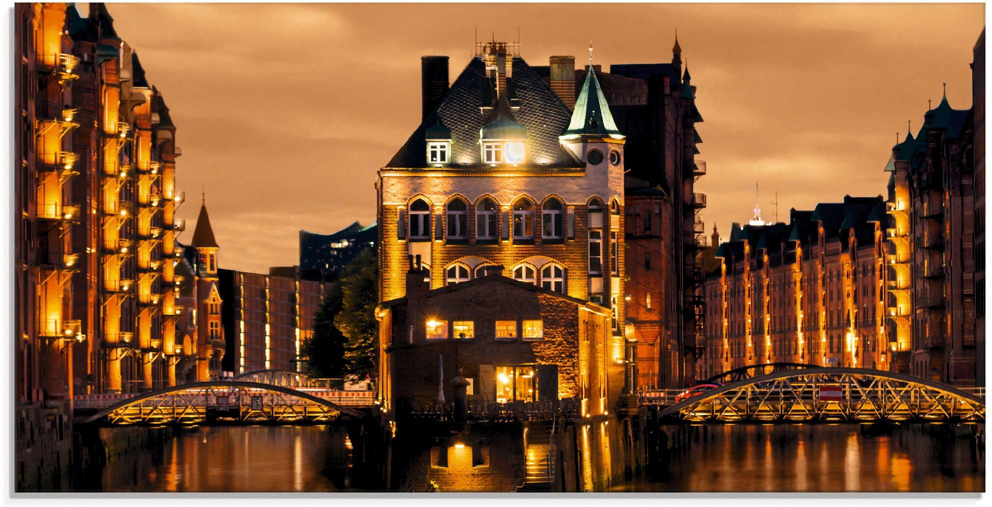Artland Print op glas Speicherstadt in Hamburg glazen artprint oranje