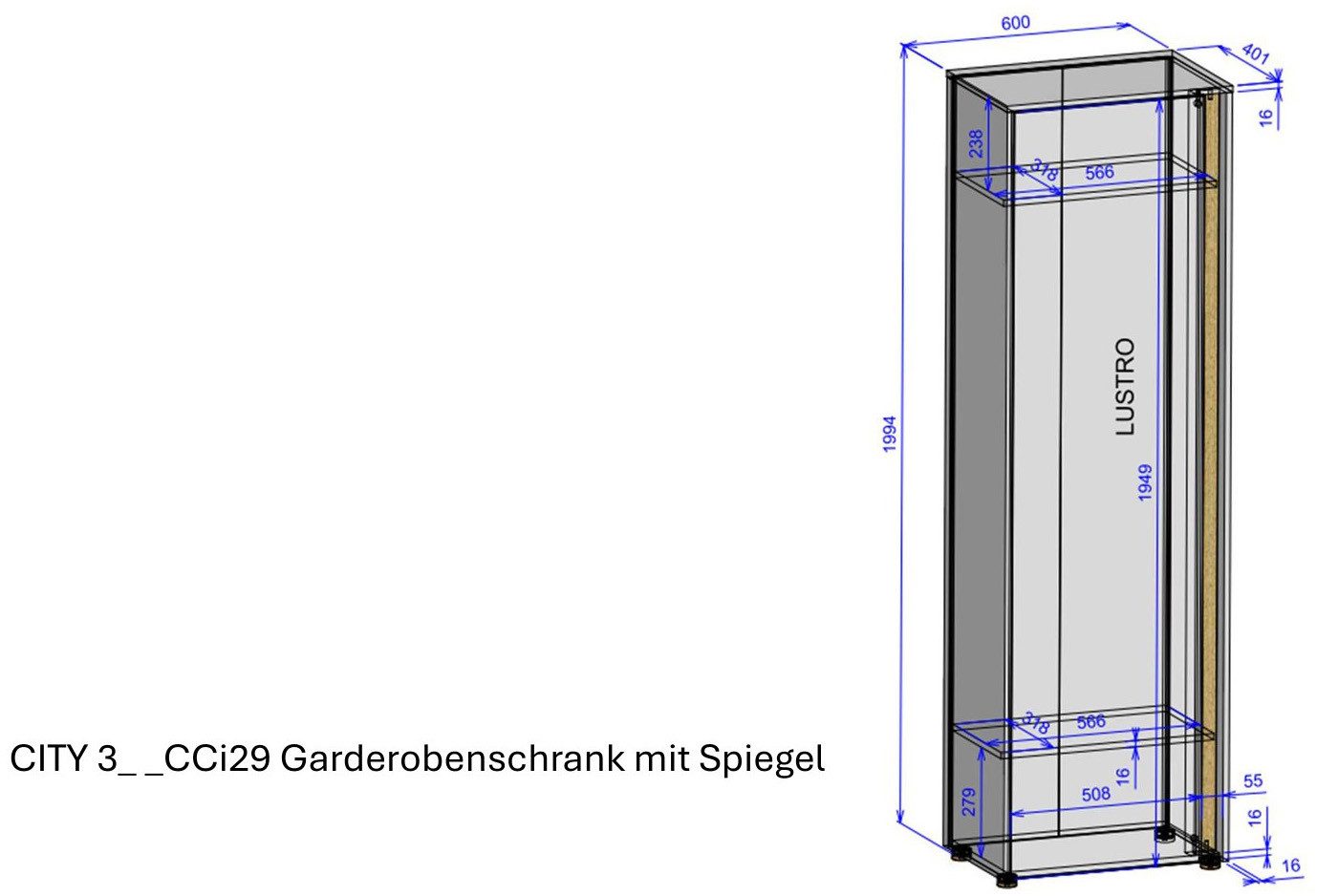 INOSIGN Kledingkast GIRON/ CiTY, Kast in Wotan Eik, Kledingkast met opbergruimte Spiegeldoor, telescopische uitschuif, deur aan beide zijden te monteren, 60 cm breed