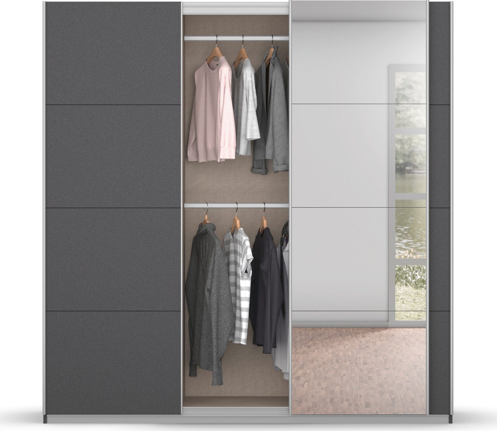 rauch Zweefdeurkast Koluna Hoogglansfront met spiegel, inclusief 2 lades en extra planken