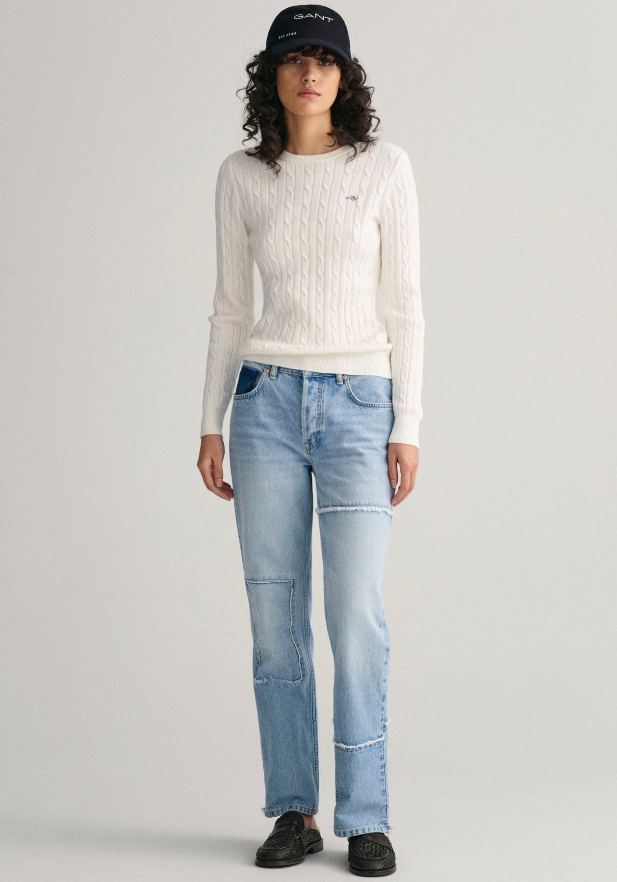 Gant Gebreide trui Stretch Cotton Cable C-Neck met logoborduursel op borsthoogte