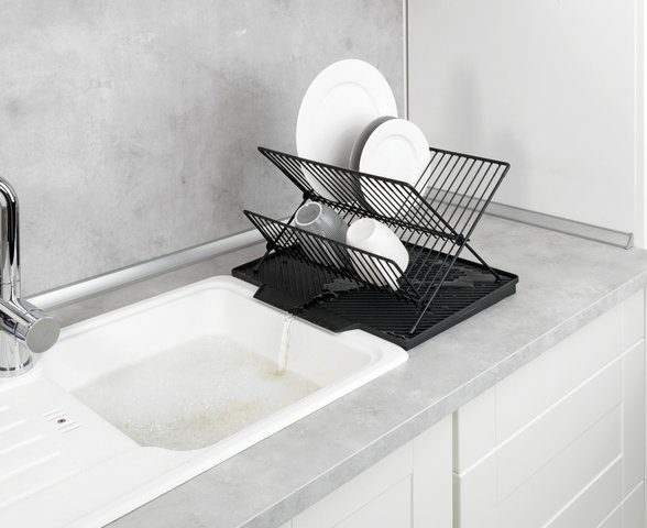 WENKO Afdruipmat Model Nelia met afvoergestel zwart, hellend oppervlak voor optimale waterafvoer