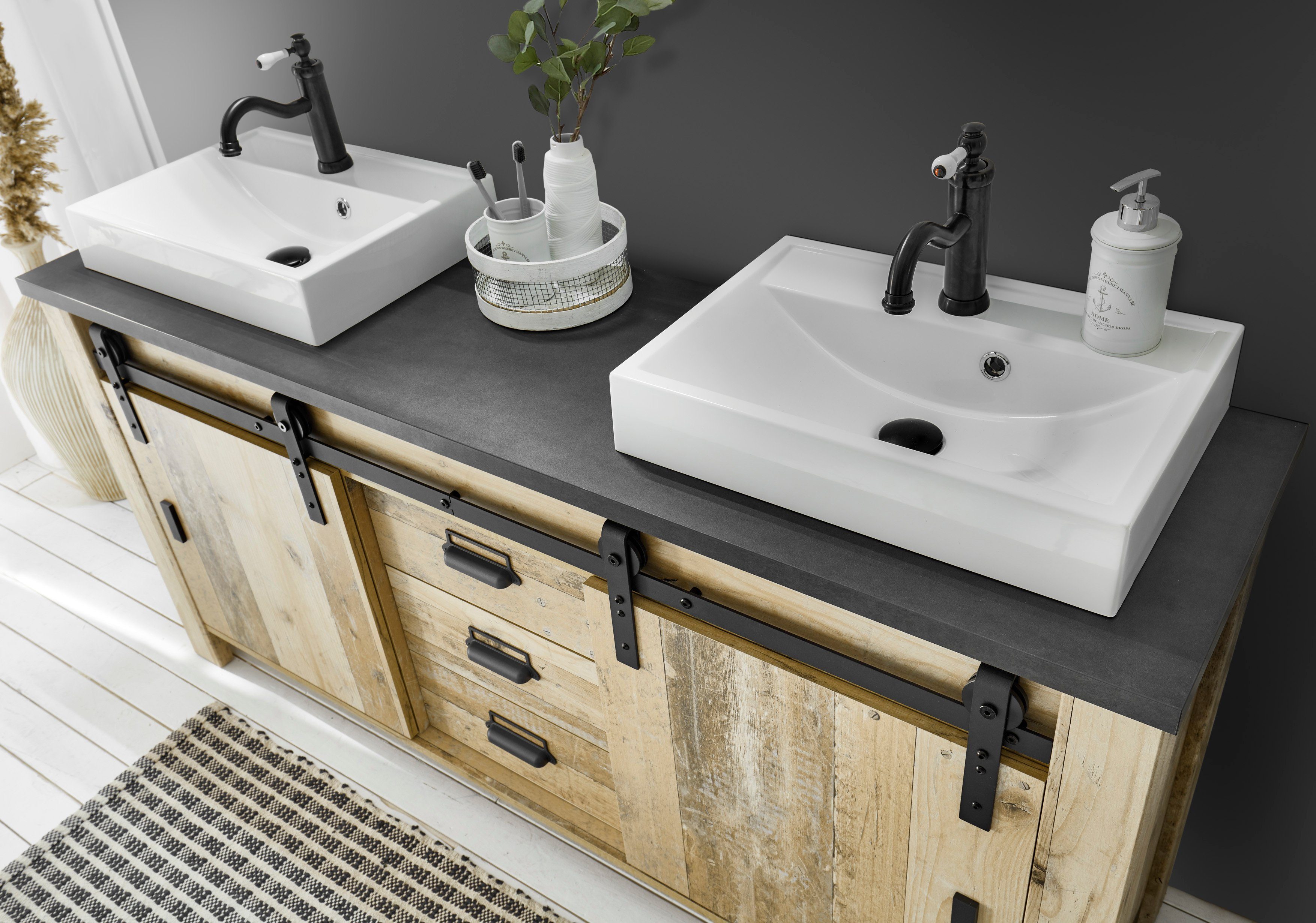 Home affaire Wastafelonderkast Sherwood Hout, schuurdeurbeslag en apothekersgrepen van metaal, hoogte 91 cm (1 stuk)
