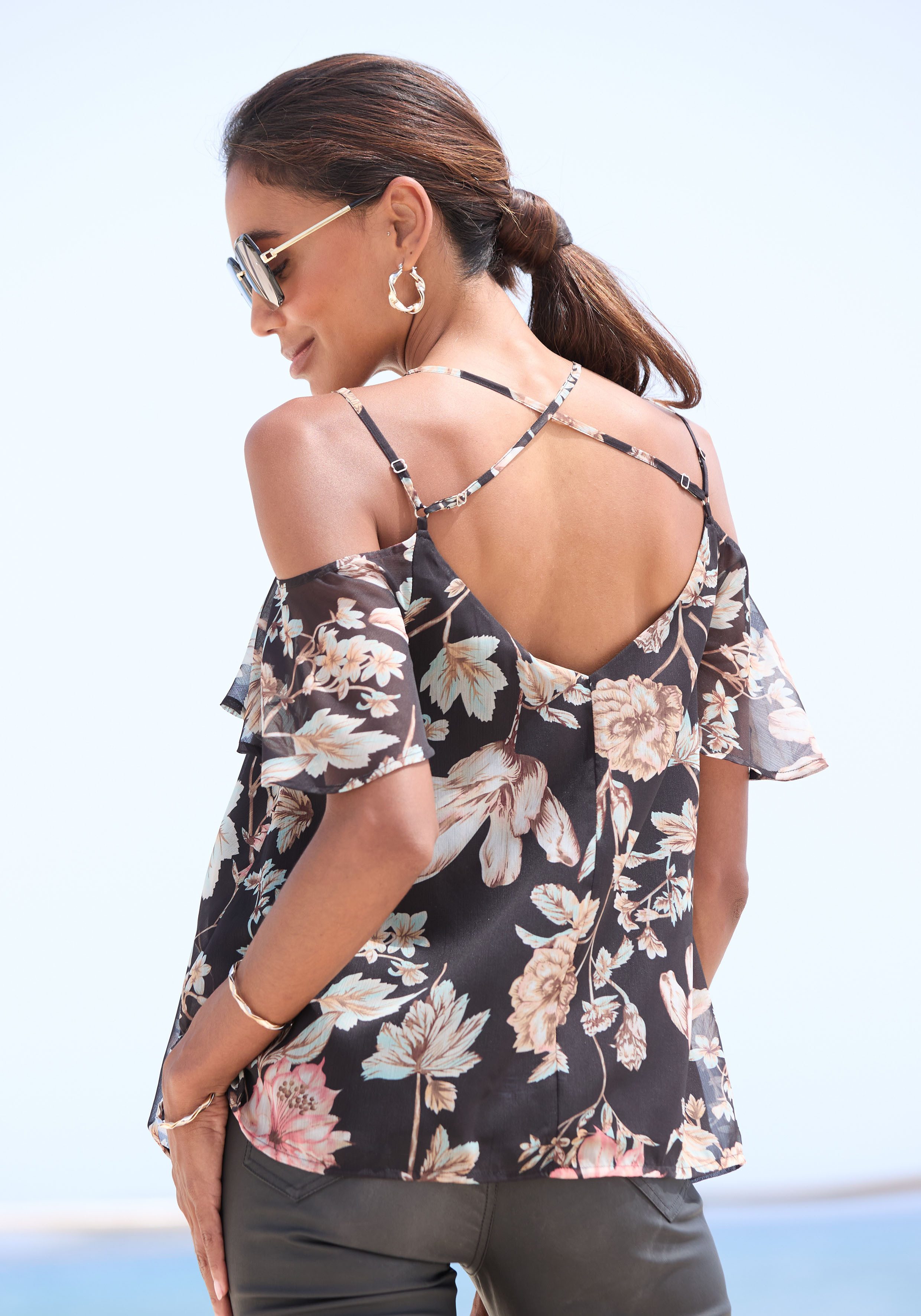Lascana Chiffon blouse met bloemenprint en trendy bandjes, korte mouwen blouse, damesblouse