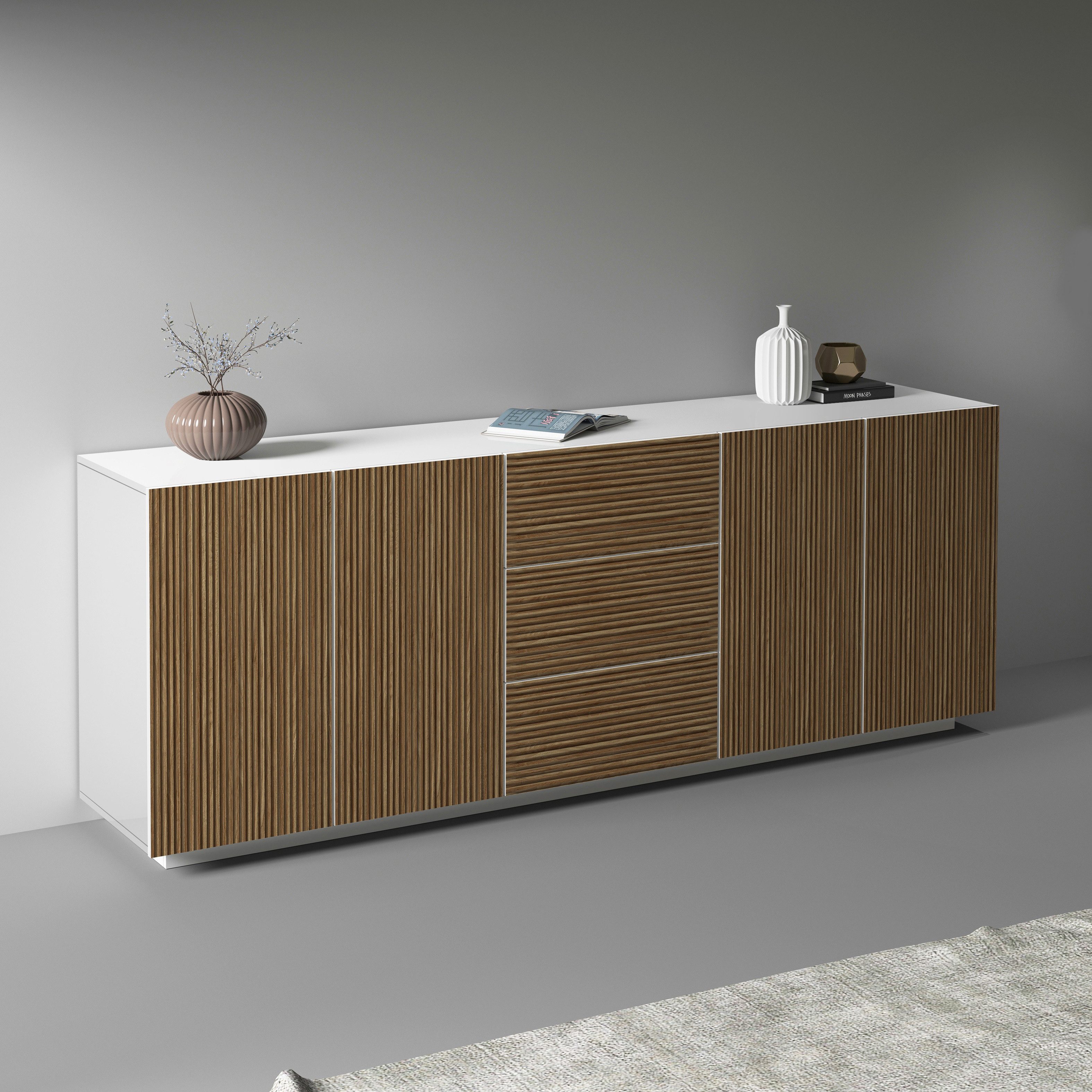INOSIGN Dressoir Vega Sideboard, Ladekast, 220 cm met 4 deuren en 3 lades, fronten met groeflook