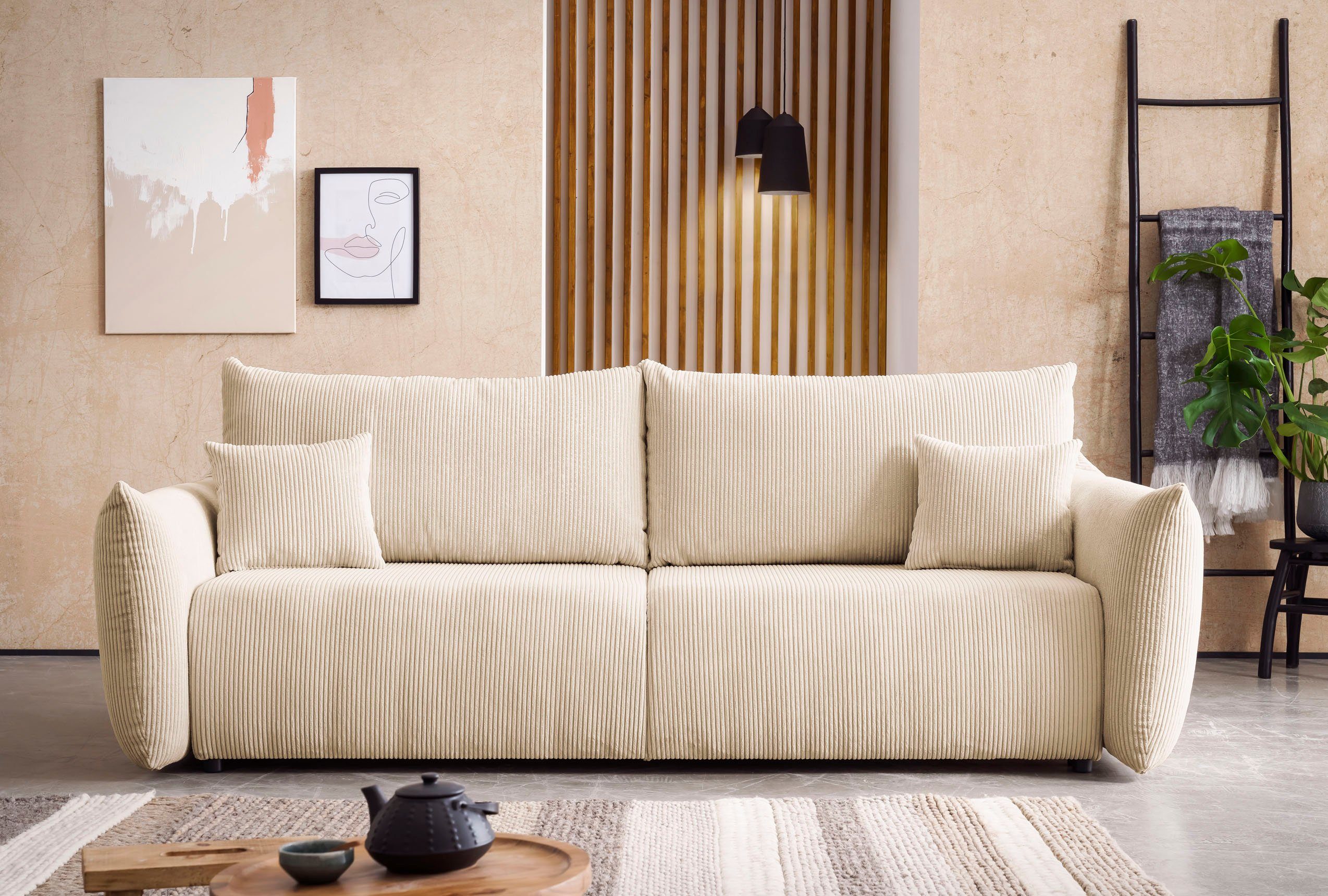 INOSIGN 3-zitsbank MAVAS slaapbank met bedlade ca. 240/108 cm (ligoppervlak 212/145 cm), ribfluweel, chenille, structuur
