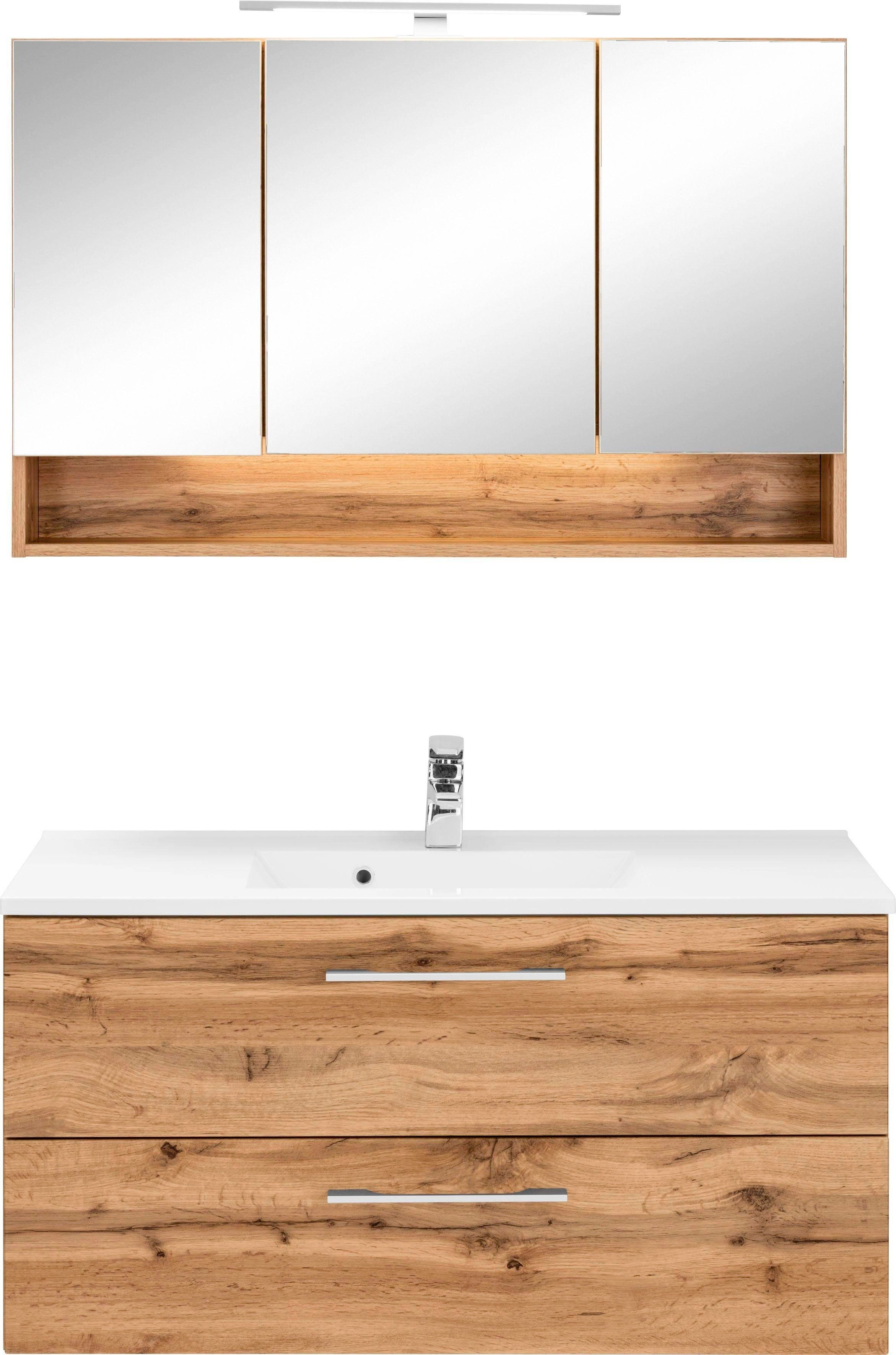 welltime Badkamerserie Soria Wastafelmeubel breedte 100 cm, spiegelkast (2-delig) badmeubelsets bruin