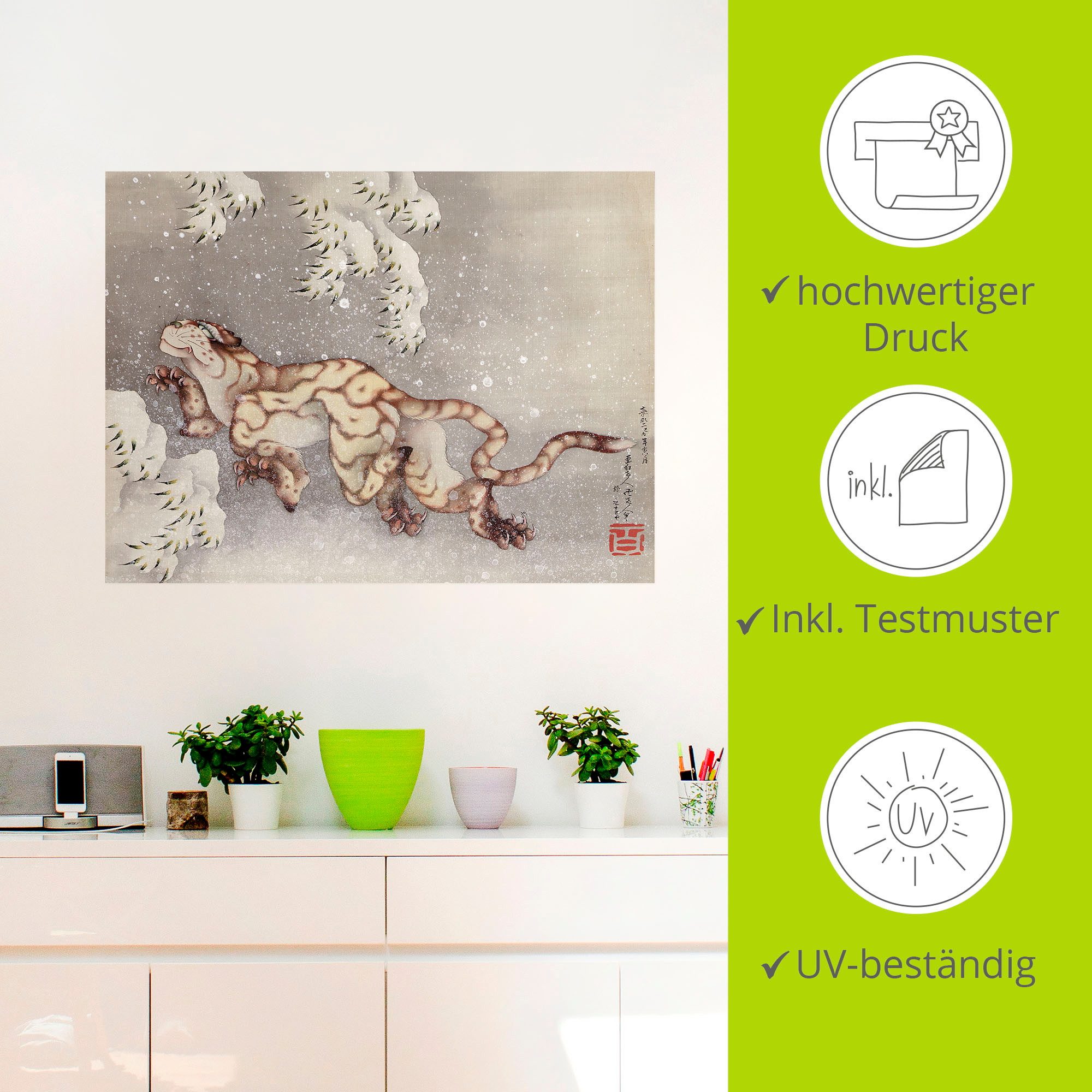 Artland Artprint Tijger in een sneeuwstorm. Edo-tijd als artprint op linnen, muursticker in verschillende maten