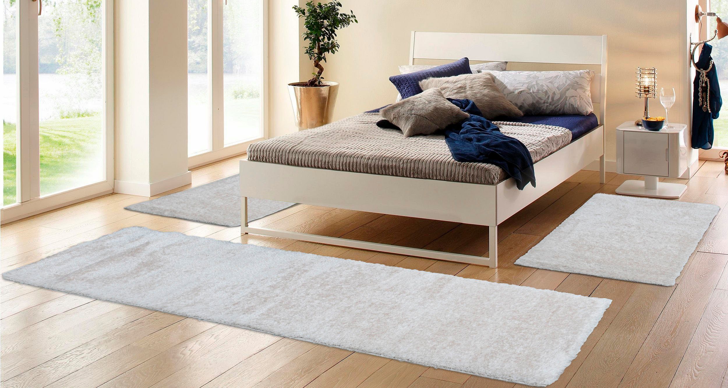 my home Set slaapkamerkleedjes Malin Hochflor, shaggy, effen kleuren, lichte glans, microvezel, onderhoudsvriendelijk