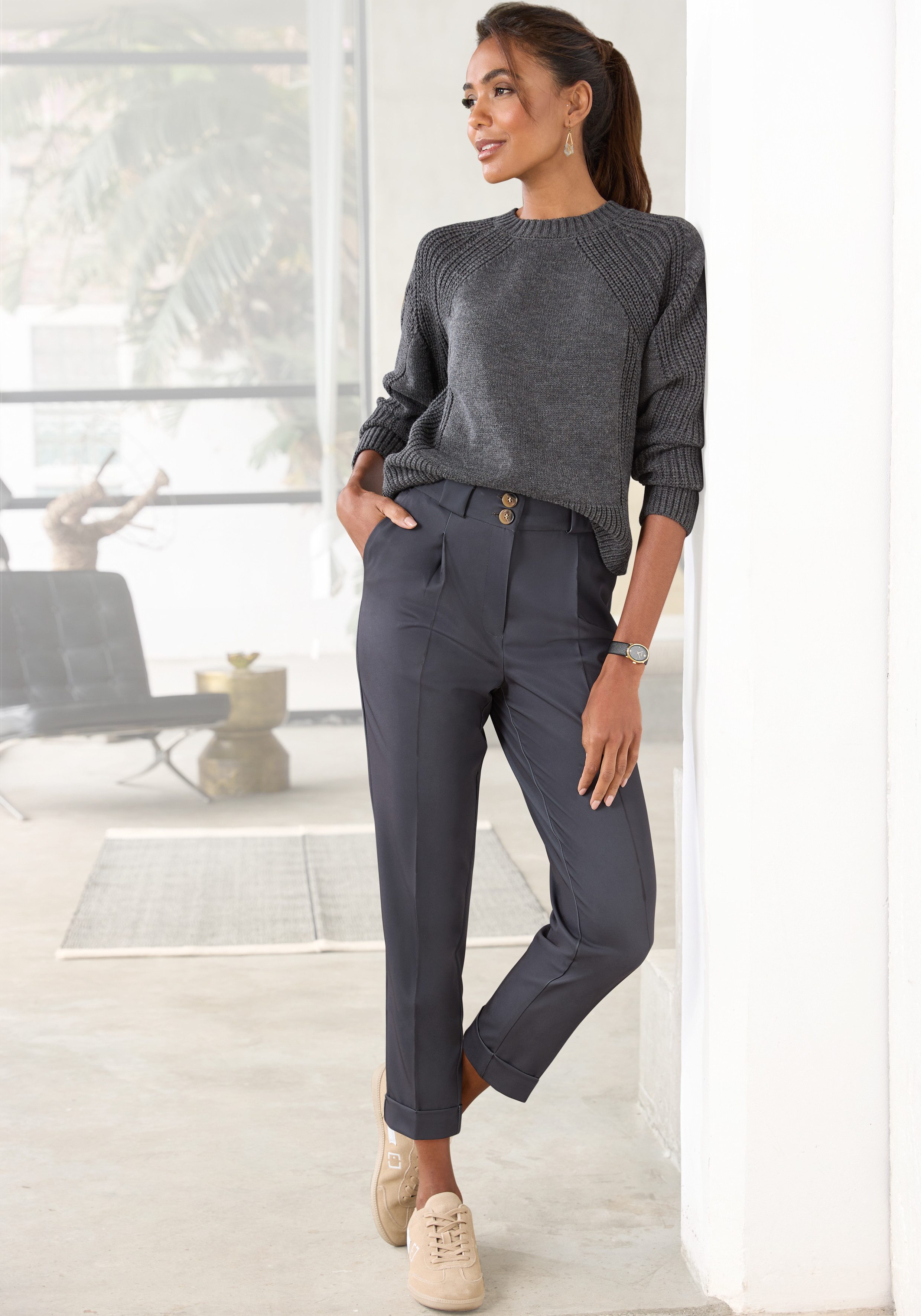 Lascana 7/8 broek met persvouwen, smalle pijp dames broeken maat 44 grijs