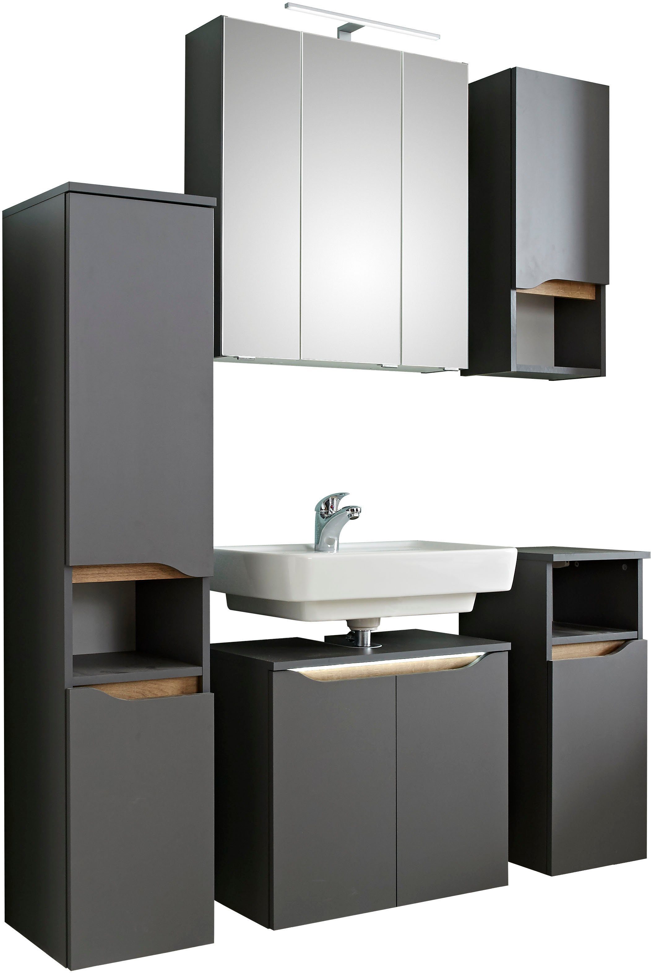 Saphir Badkamerserie Quickset 5-delig, wastafelonderkast met led-spiegelkast Halfhoge kast, onderkast, hangkast, incl. deurdemper, 9 deuren (6-delig)