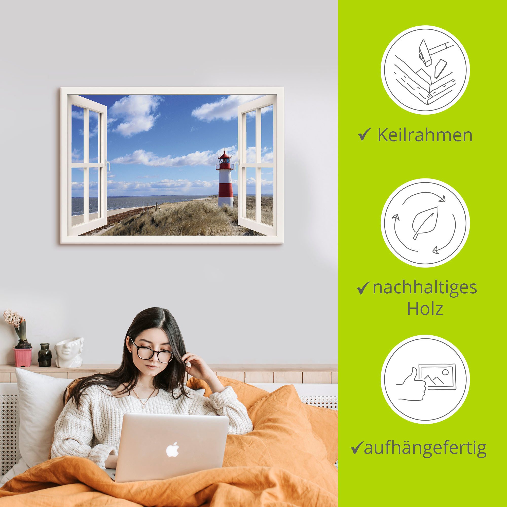 Artland Artprint Blik uit het venster - vuurtoren Sylt als artprint op linnen, poster, muursticker in verschillende maten