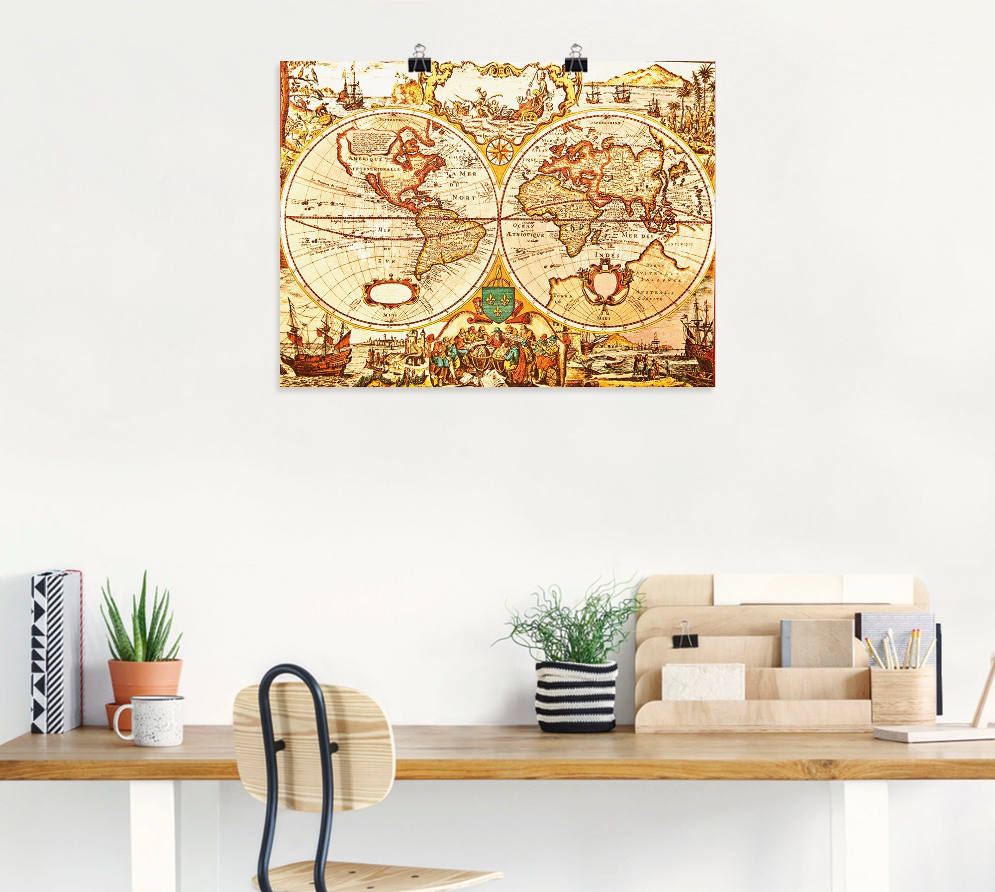 Artland Artprint Antieke wereldkaart als artprint van aluminium, artprint voor buiten, artprint op linnen, poster, muursticker