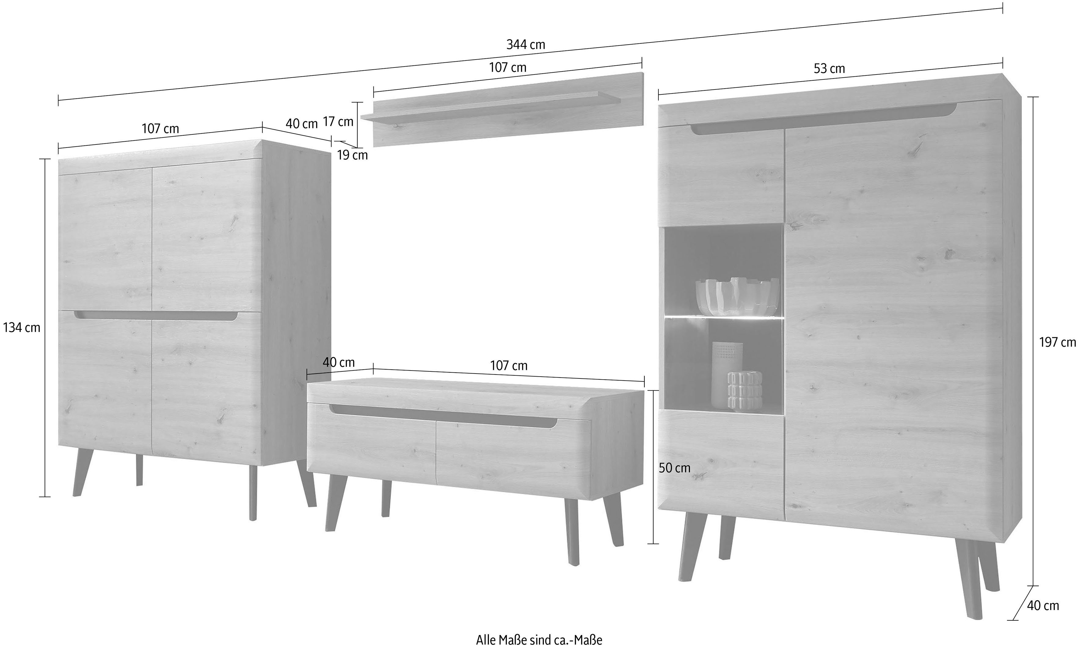 INOSIGN Wandmeubel Torge, wandmeubel, kastwand, mediawand, woonkamer-set bevat 1 vitrine, 1 lowboard, 1 highboard + 1 wandplank, 344 cm breed (set, 4-delig)