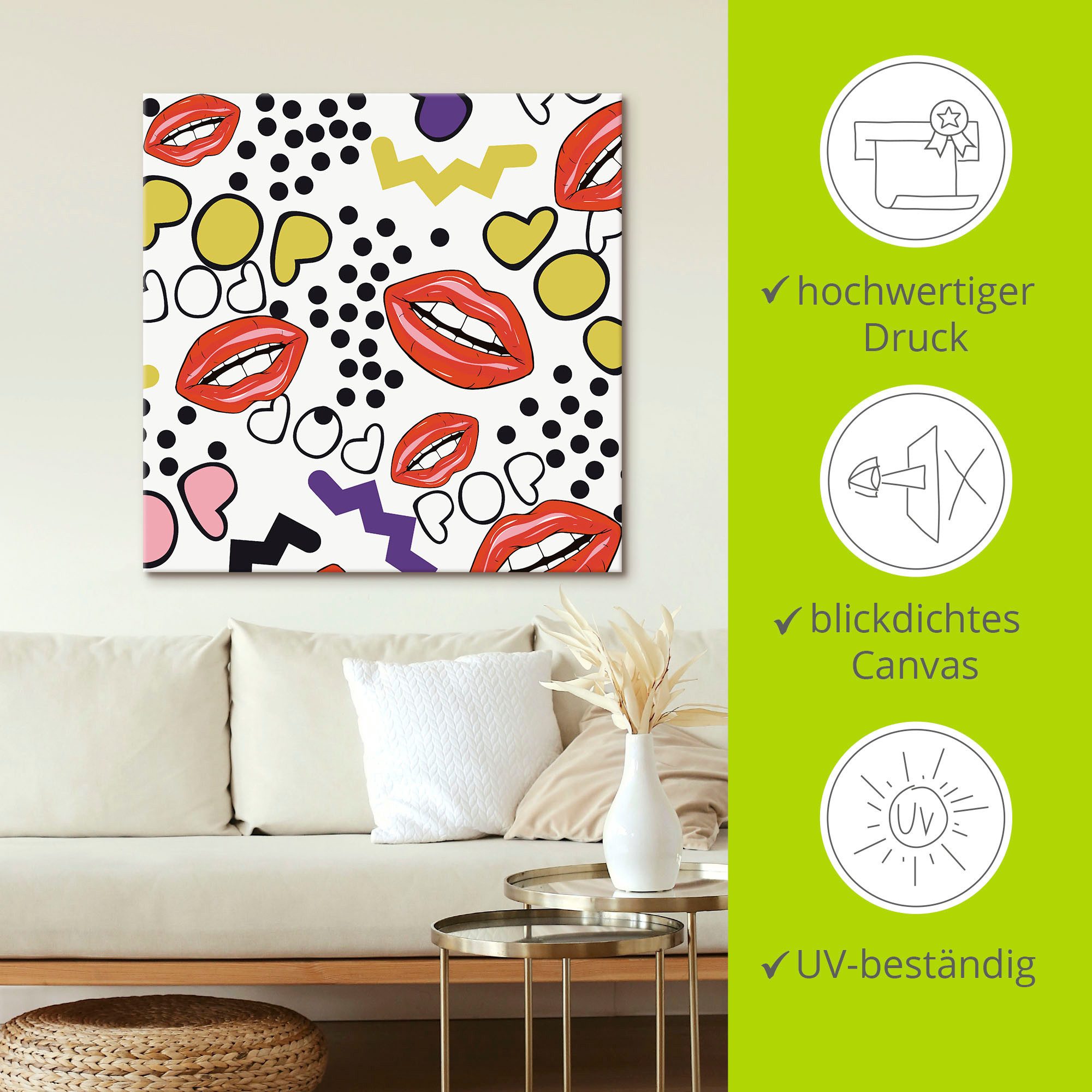 Artland Artprint op linnen Mond met popart gespannen op een spieraam