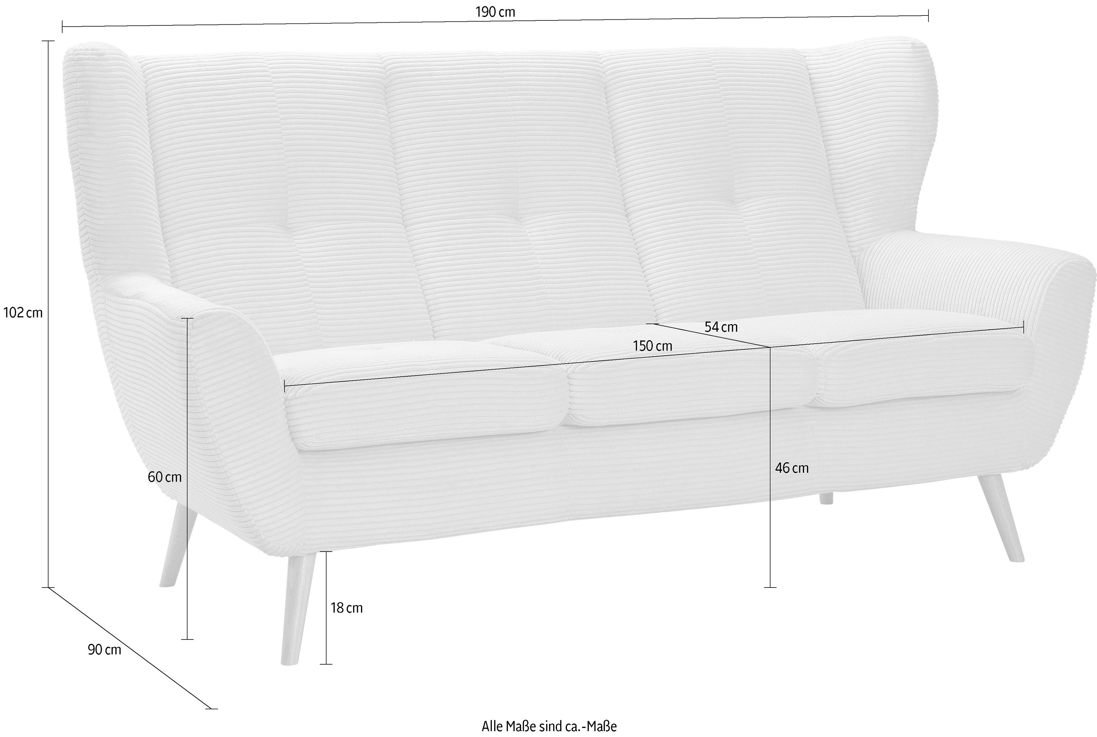 exxpo - sofa fashion 3-zitsbank ALVESTA, loungesofa, keukensofa, hoog zitcomfort, oorbacken sofa gezellige rugleuning, met knoopstiksels en hoge houten voeten, in cord