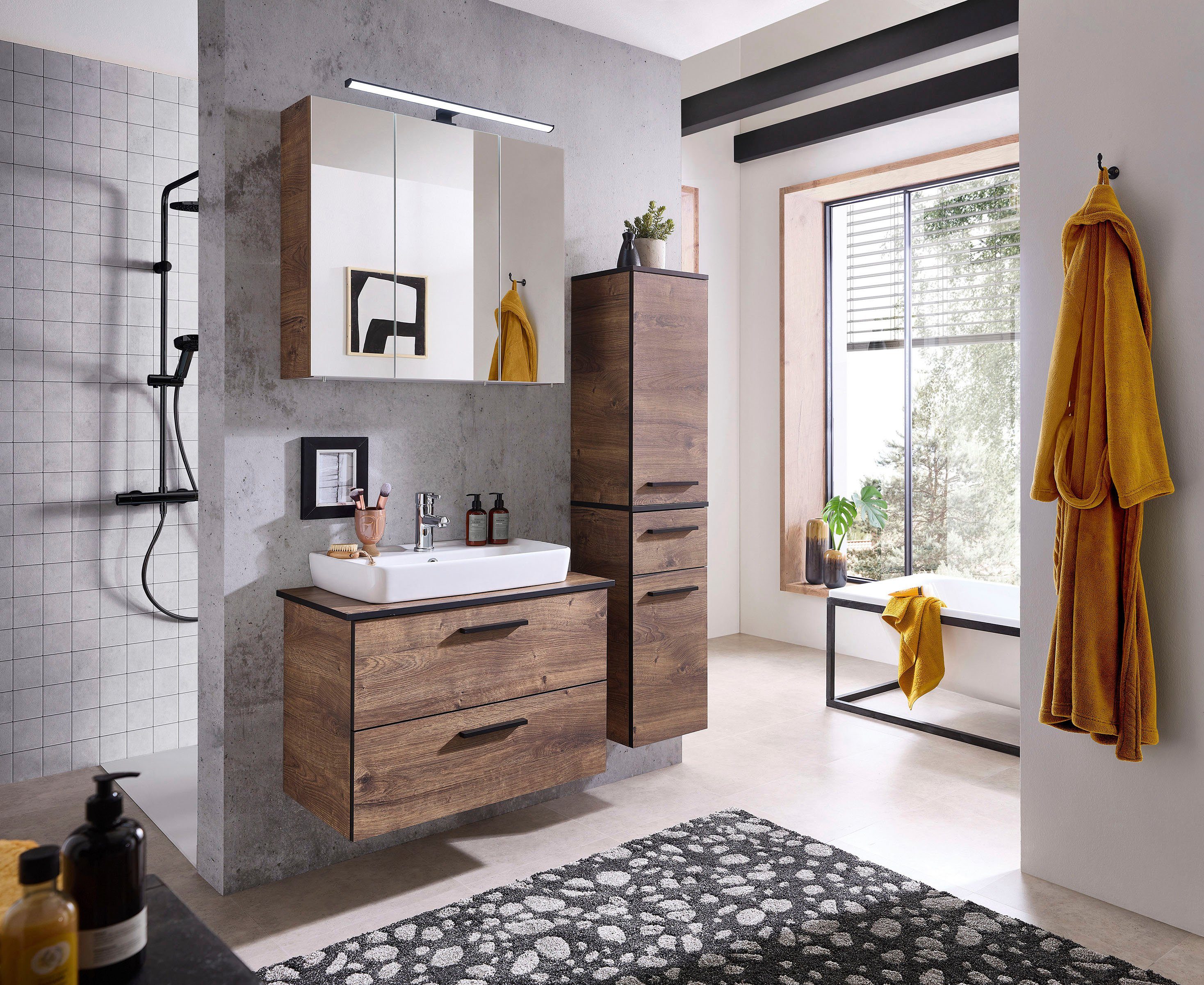 Saphir Badkamerserie Quickset 374 3-delig, keramisch wastafelblad en LED spiegelkast Halfhoge kast, inclusief deurdemper, 5 deuren, 3 laden, badkameraccessoire-set (6-delig)