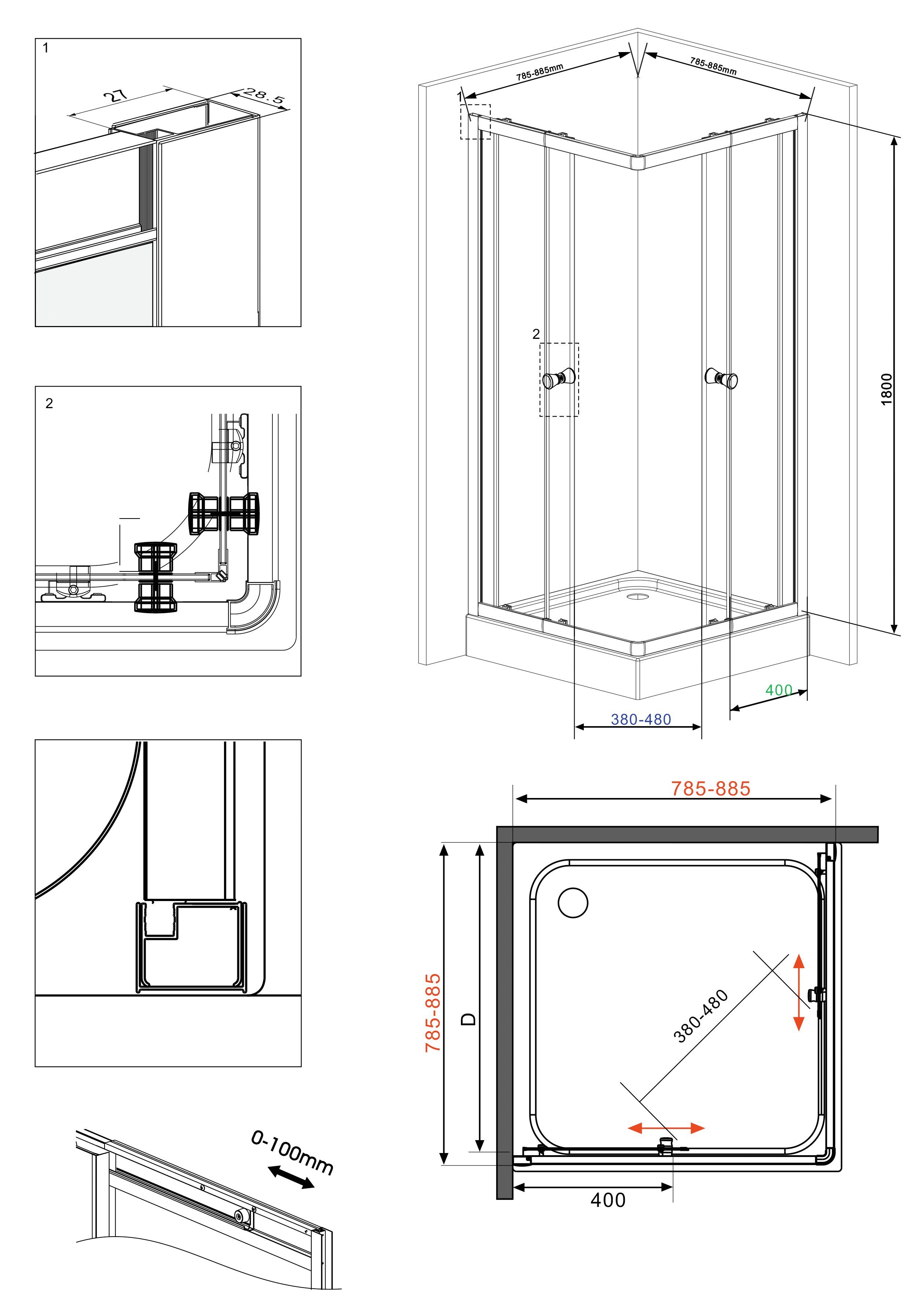 welltime Hoekdouchecabine Trento Plus Anti-kalkencoating, variabel verstelbereik, met schuifdeuren, 90 cm x 90 cm