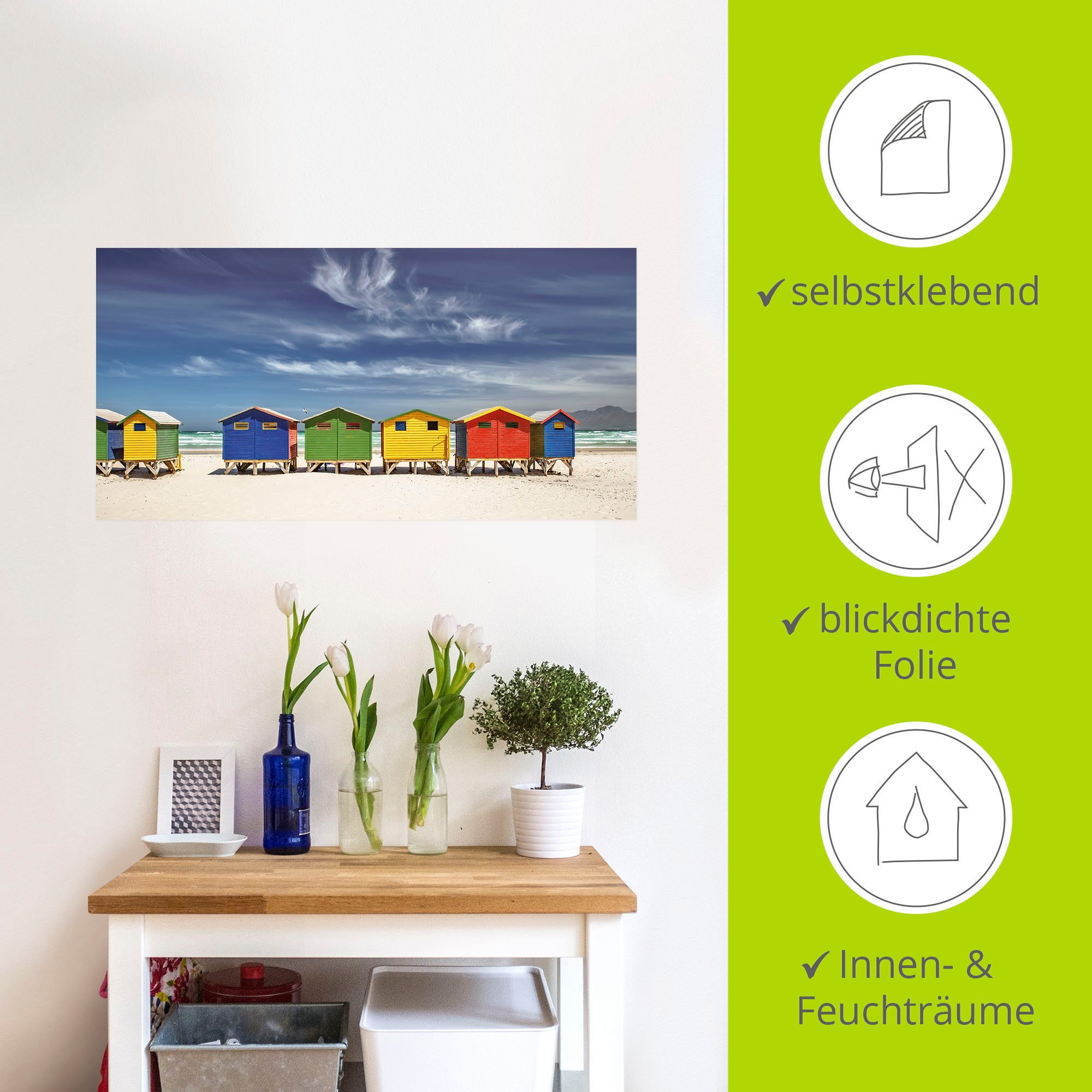 Artland Artprint Veelkleurige strandhuisjes bij Kaapstad als artprint van aluminium, artprint voor buiten, artprint op linnen, poster, muursticker