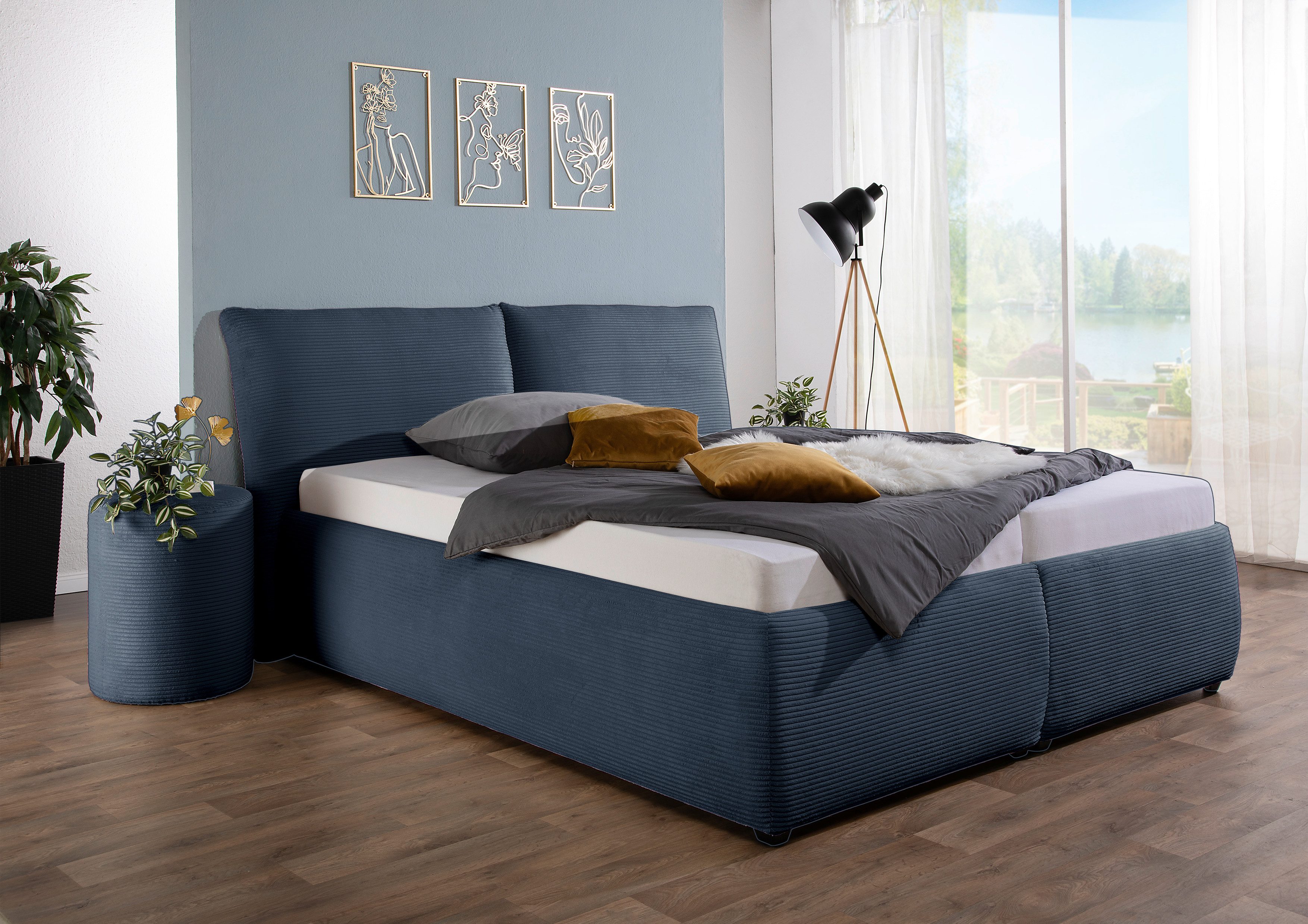 Maintal Gestoffeerd bed Wiesenbach, met cord-stof optioneel in hardheidsgraad h2, h3 of h4 bedden blauw