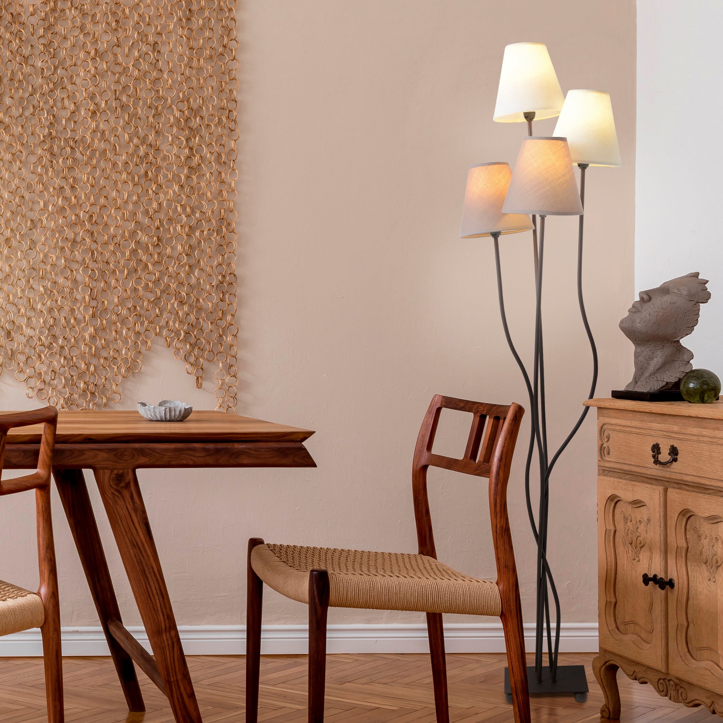 näve Staande lamp Boho 4-vlg., e14, textiel kappen 2x beige, 2x bruin, incl. voetenschakelaar (1 stuk)