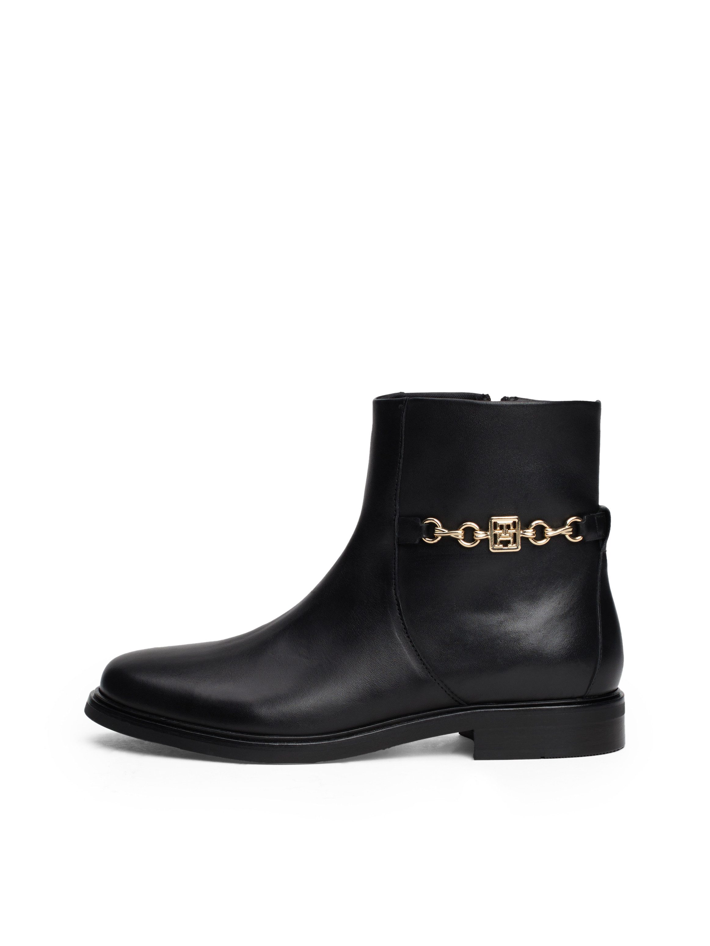 Tommy Hilfiger Laarsjes TH CHAIN LEATHER LOW BOOTIE blokhak, business schoen, ankleboots met gouden decoratieve ketting