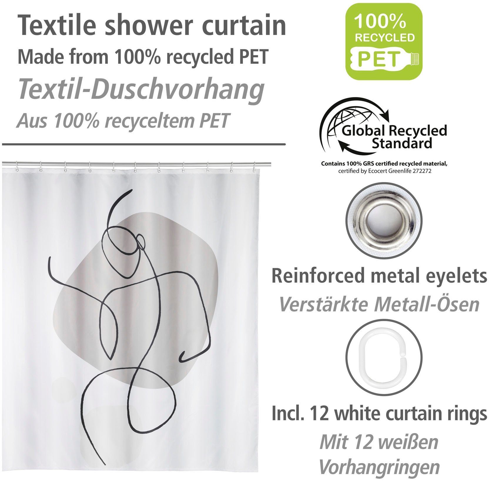 WENKO Douchegordijn Ladyline Hoogte 200 cm, met one-line-design
