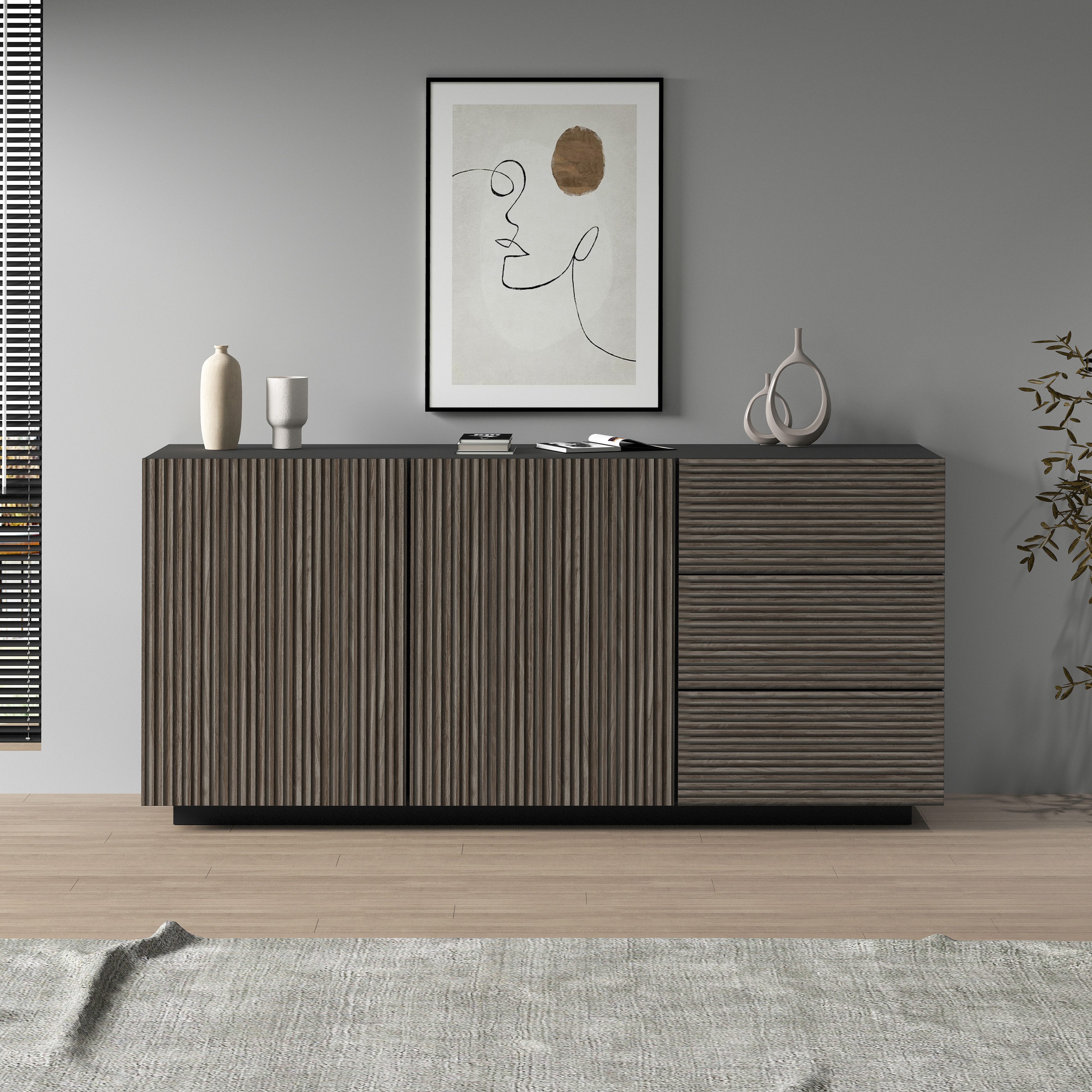 INOSIGN Dressoir Vega Sideboard, Ladekast, 180 cm met 2 deuren en 3 lades, fronten met groeflook