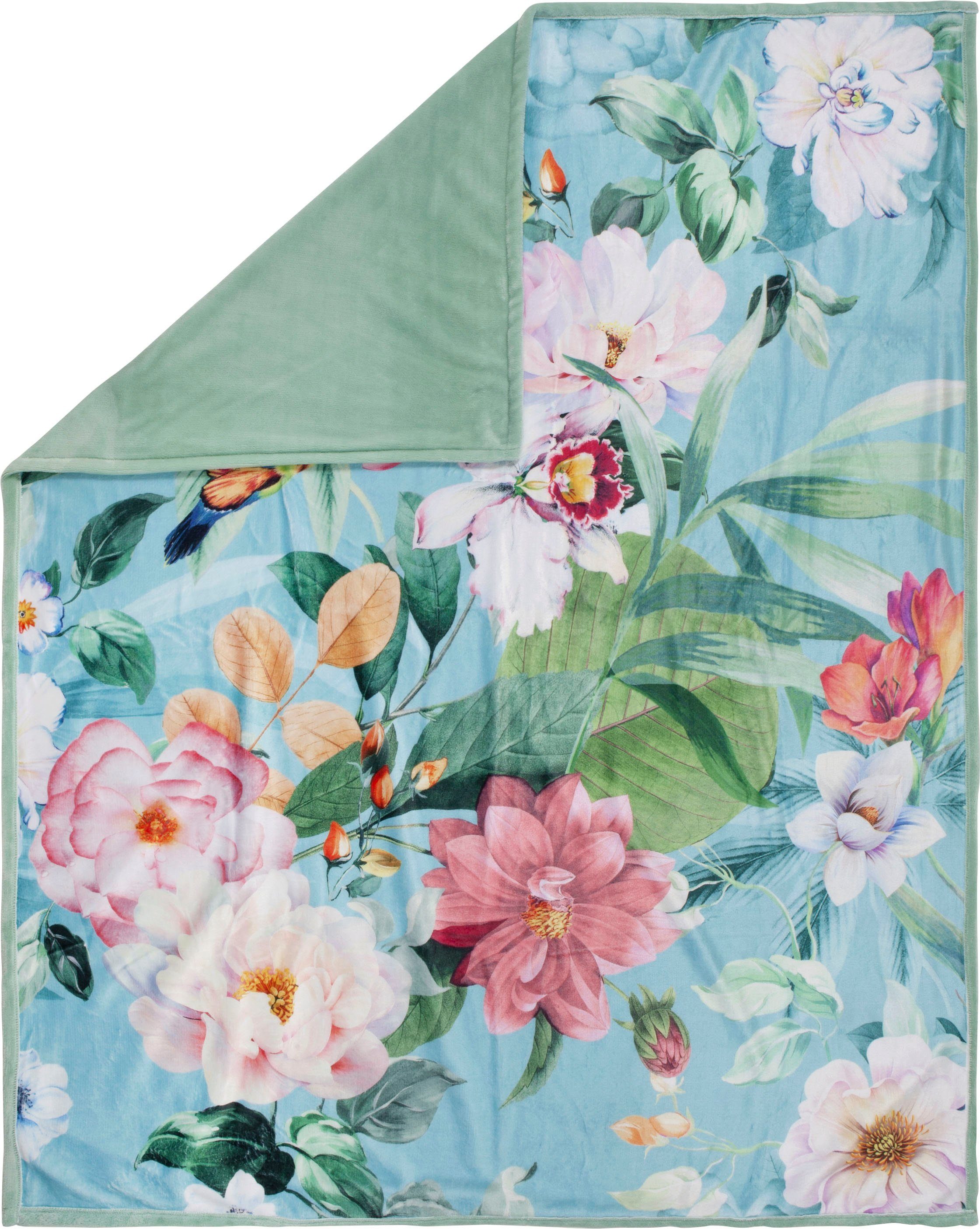 Descanso Plaid Fungi Zeer zacht, knuffeldeken, 130x160 cm, omkeerbaar, bloemen, groen, turquoise