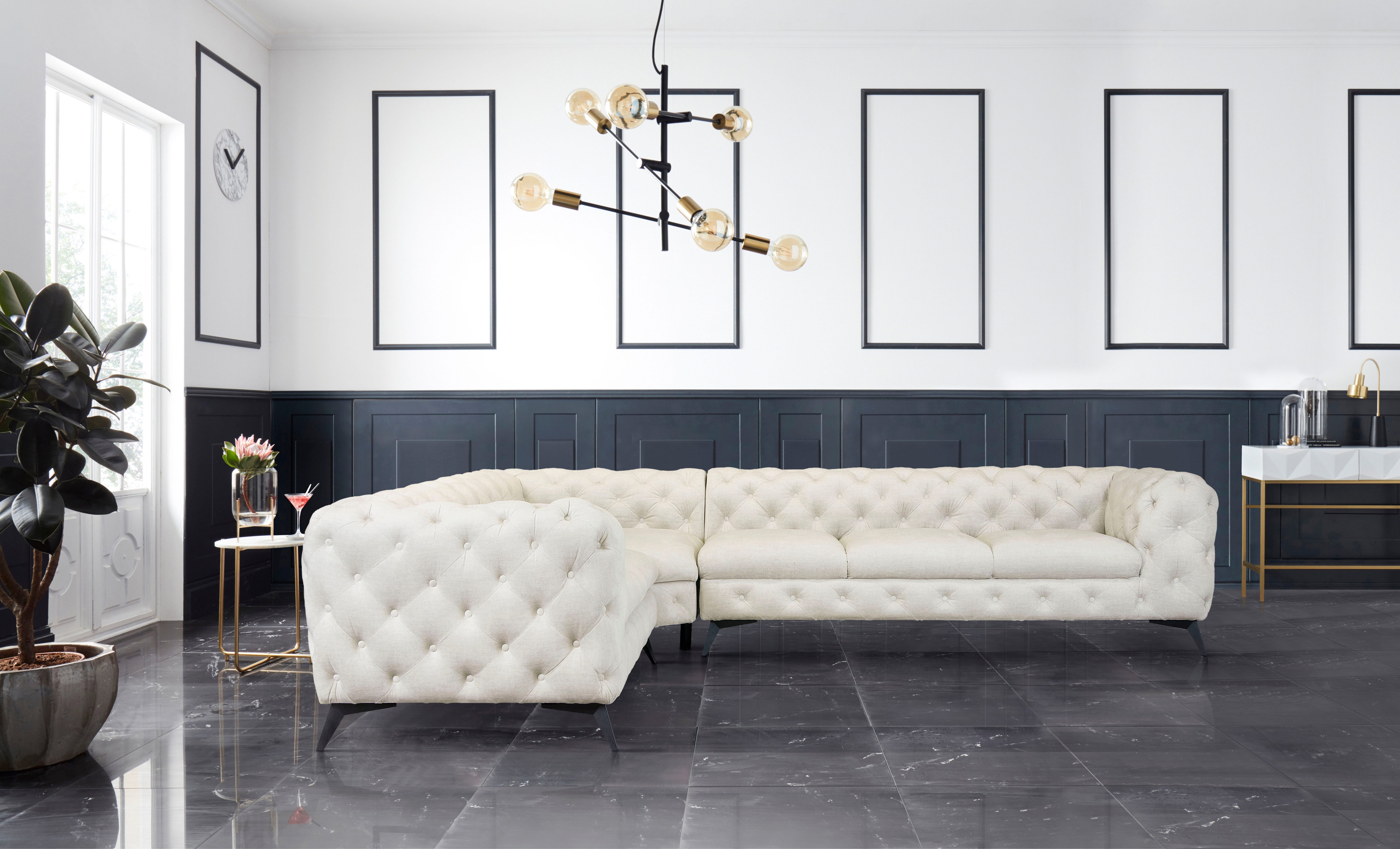 Leonique Chesterfield-bank Glynis L-vorm luxueuze capitonnage, moderne chesterfield look, kleur van de poten ter keuze