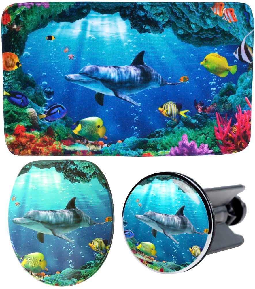 Sanilo Sets badkameraccessoires Dolfijn koraal bestaand uit toiletzitting, badmat en wastafelplug (complete set, 3-delig)