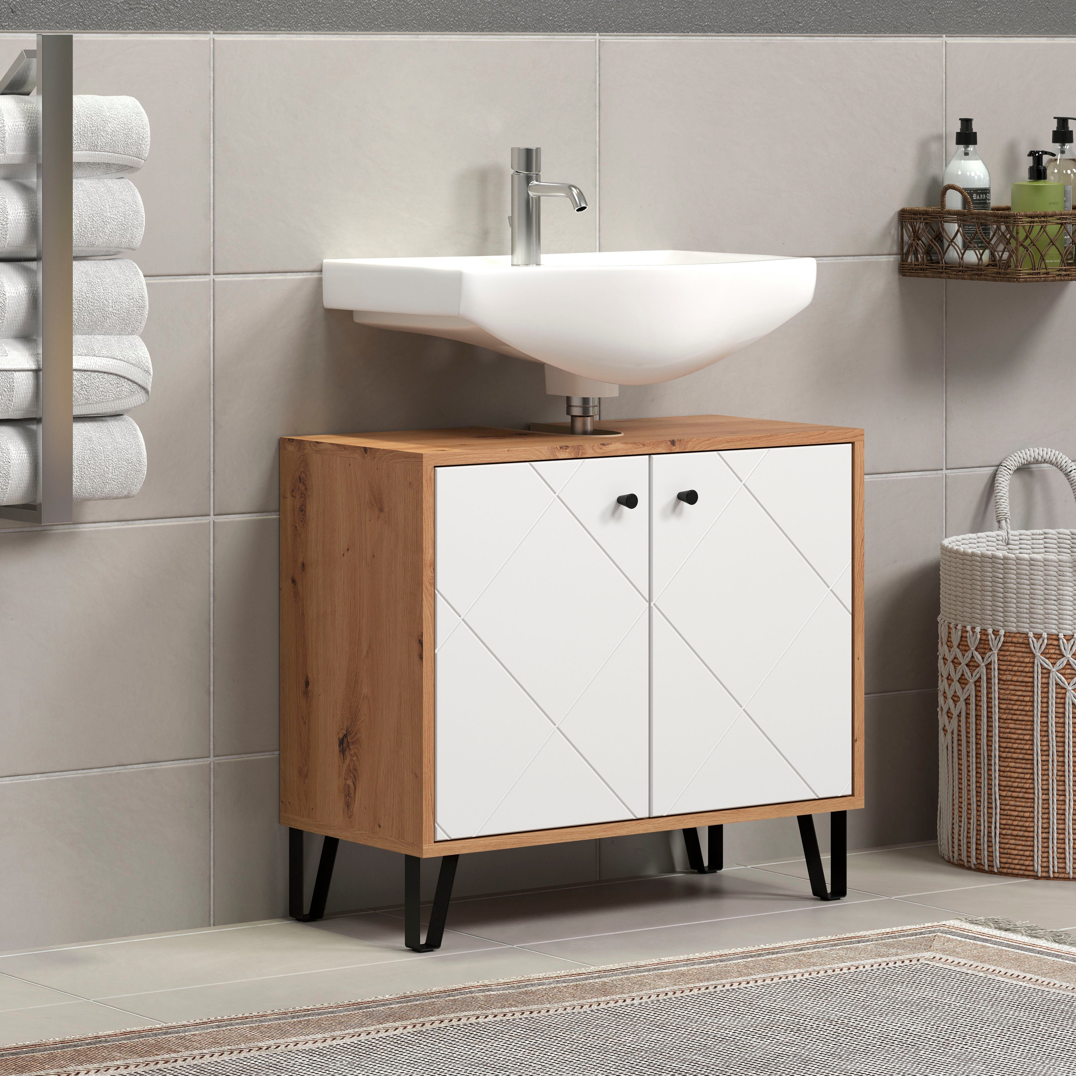 Places of Style Wastafelonderkast Tarragona Wastafel met frezingen in ruitlook - sifonuitsparing 7,5/24 cm (1 stuk)