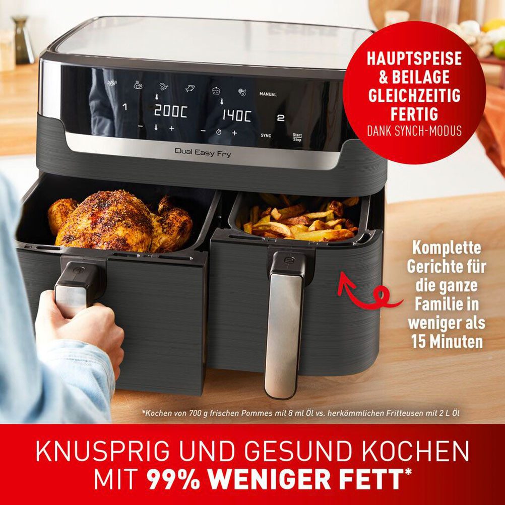 Tefal Airfryer EY905B Dual Easy Fry & Grill Dubbele kamer, 8,3 L capaciteit, met hamburgerpers