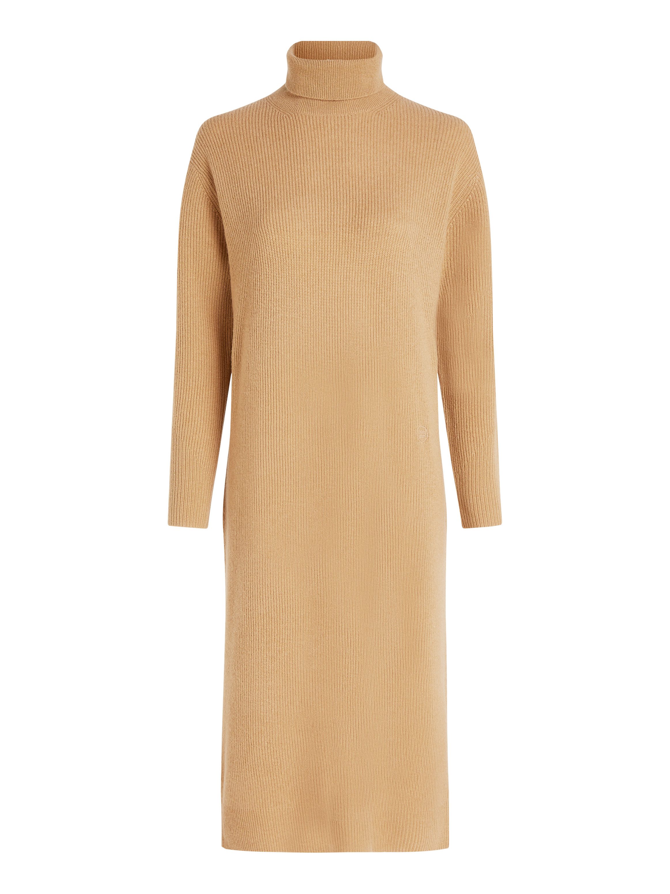 Tommy Hilfiger Gebreide jurk WOOL CASH ROLL-NK LONG DRESS met logo-borduursel, in riblook
