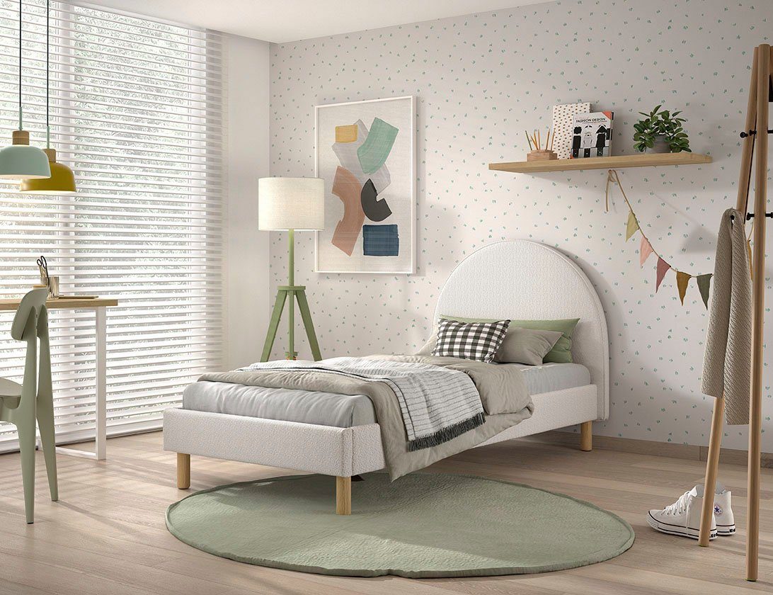 Vipack Gestoffeerd bed Moon, met fluffy bouclé stof in verschillende kleuren 2 breedtes (90 of 140 cm), lattenbodem, bouclé stof, naar keuze 4 kleuren