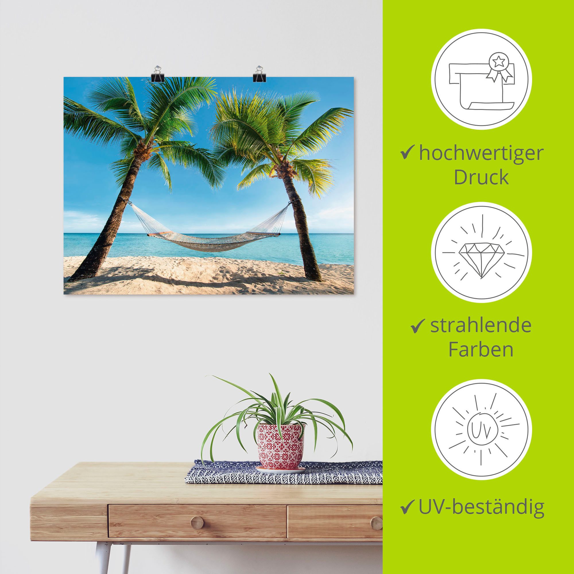 Artland Artprint Palmenstrand Caribic met hangmat als artprint op linnen, poster, muursticker in verschillende maten