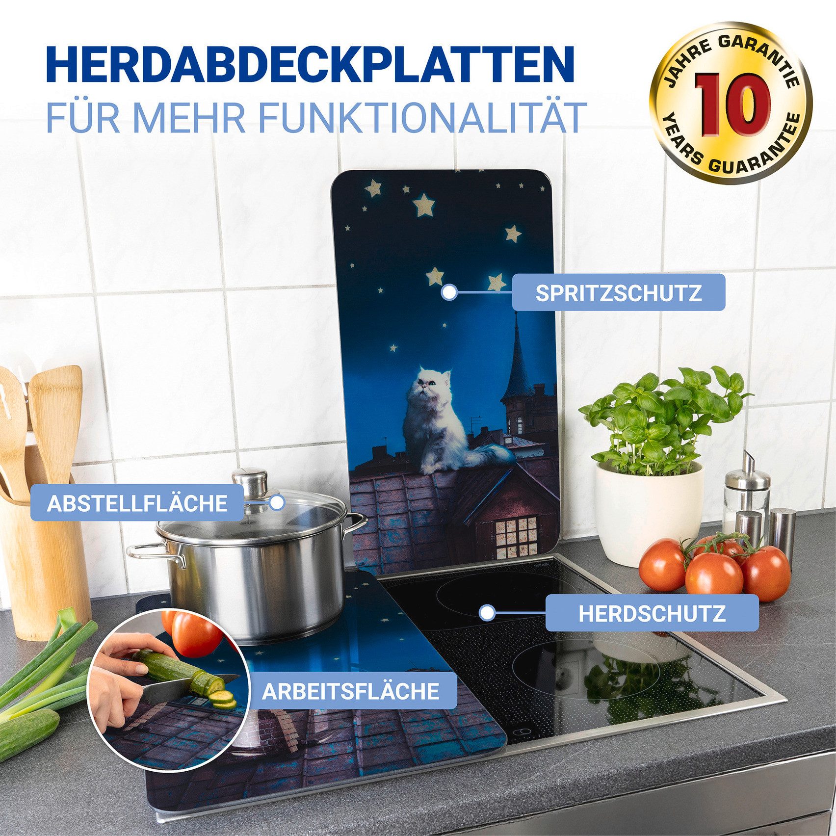 WENKO Kookplaatdeksel Universeel Model Maan Kat Kookplaatafdekking voor alle soorten kookplaten, krasvast, met antislipvoetjes (set, 2-delig)