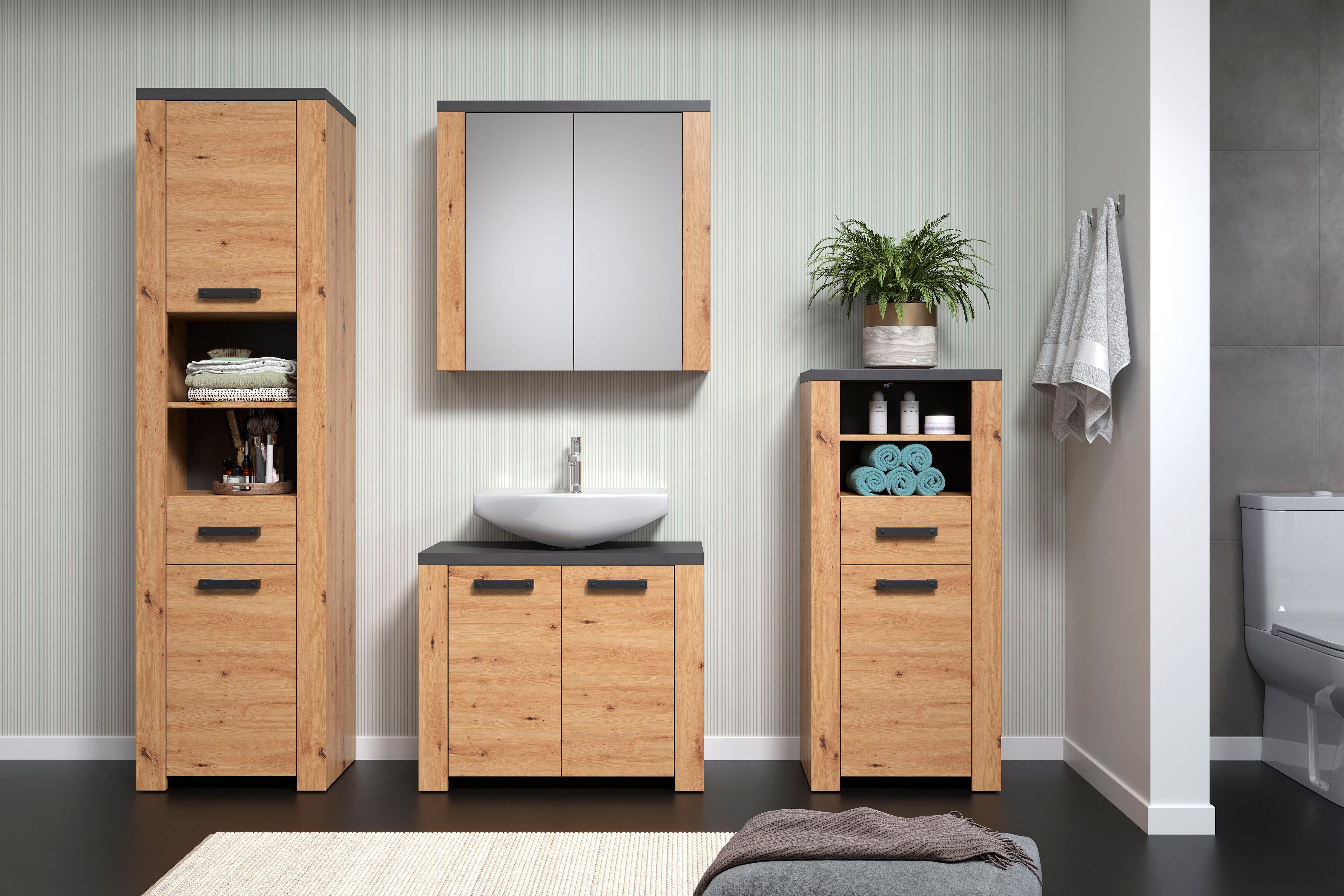 Home affaire Badkamerset Ambres Badkamermeubels in matte echt houtlook - afmetingen (B/D/H) 215/35/196 cm (4-delig)