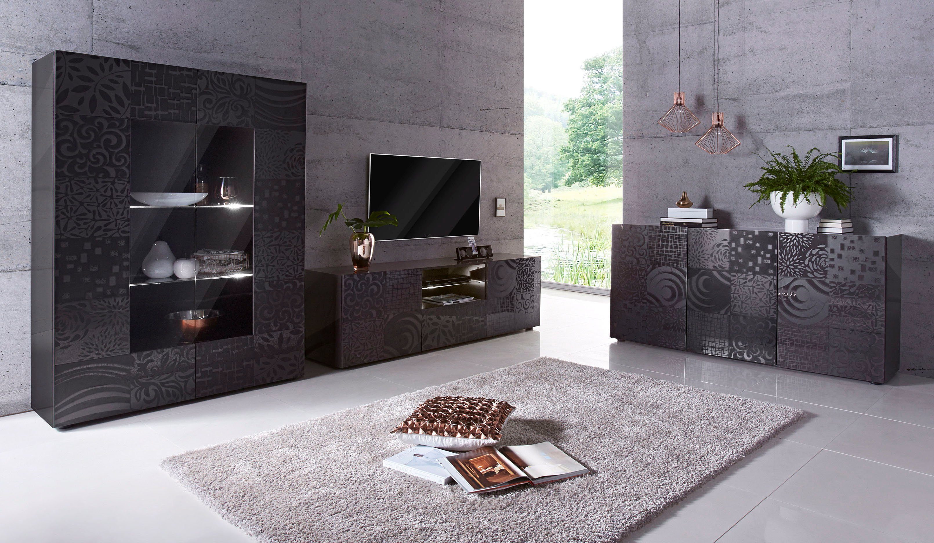 INOSIGN Vitrinekast Miro Vitrinekast, hoogte 166 cm met decoratieve zeefdruk