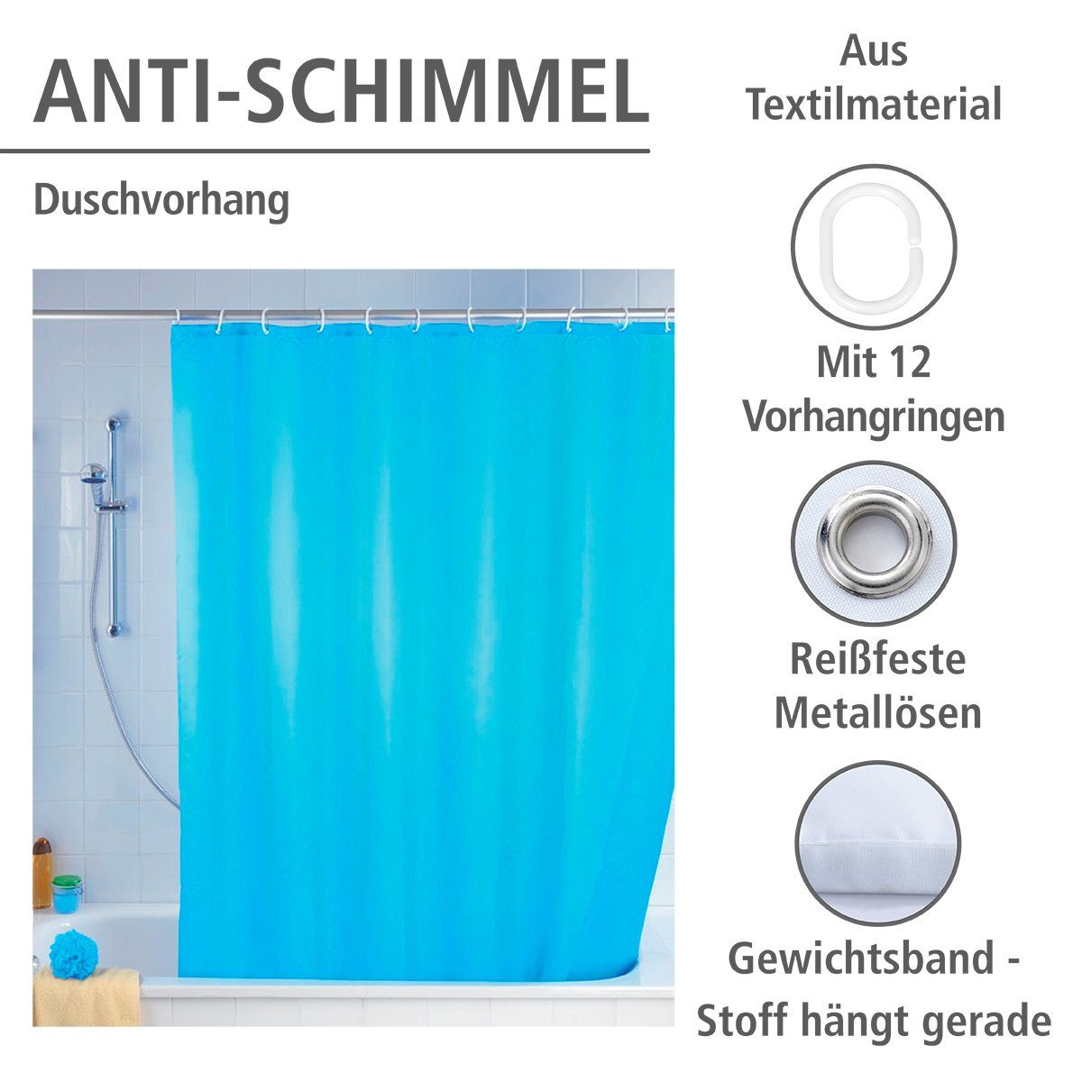 WENKO Douchegordijn Uni Light Blue Hoogte 200 cm, wasbaar