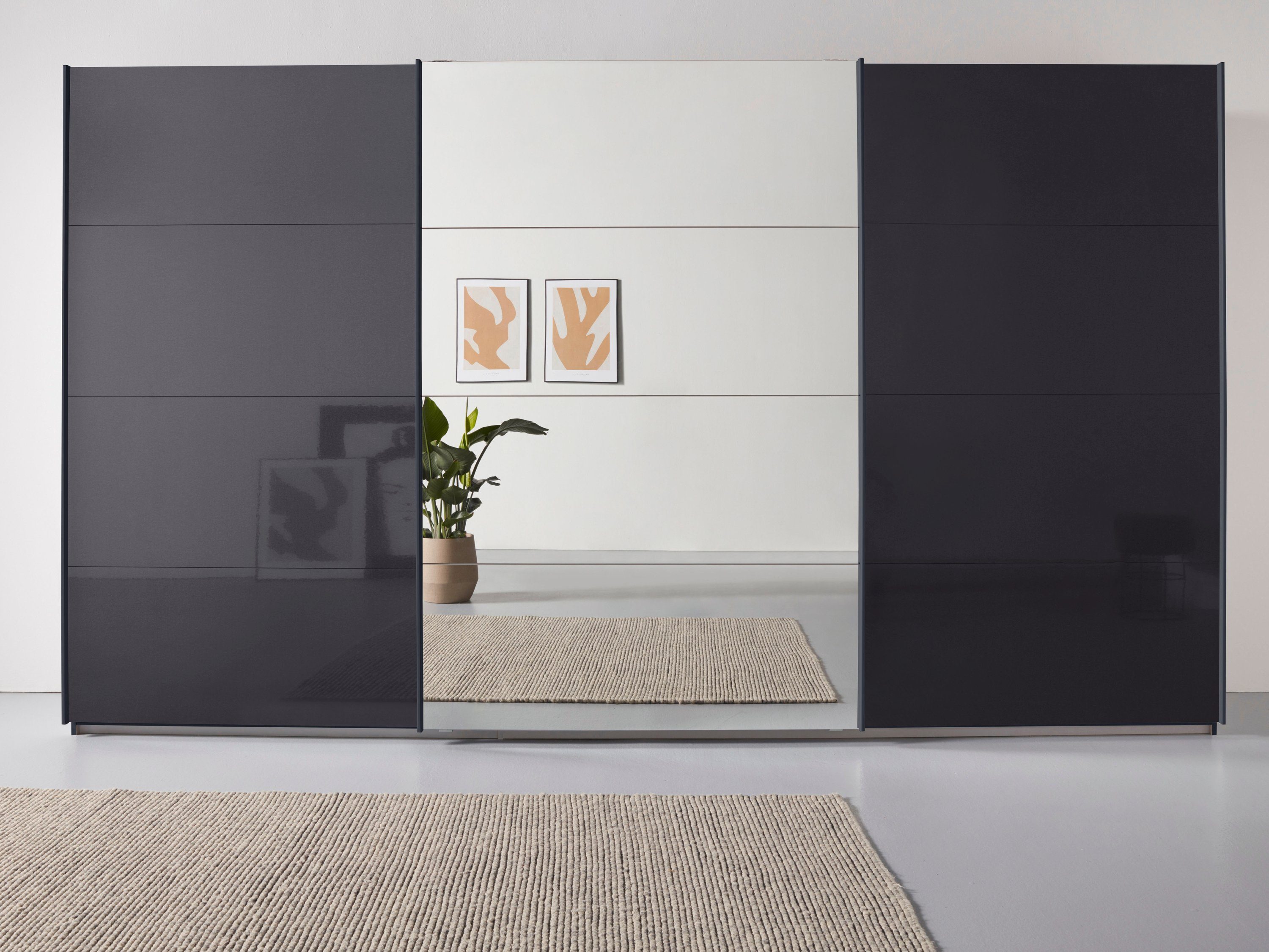 rauch Zweefdeurkast Oteli met spiegel in het midden, in verschillende decor- en hoogglanskleuren zweefdeurkasten maat 360 cm x 210 cm x 68 cm grijs