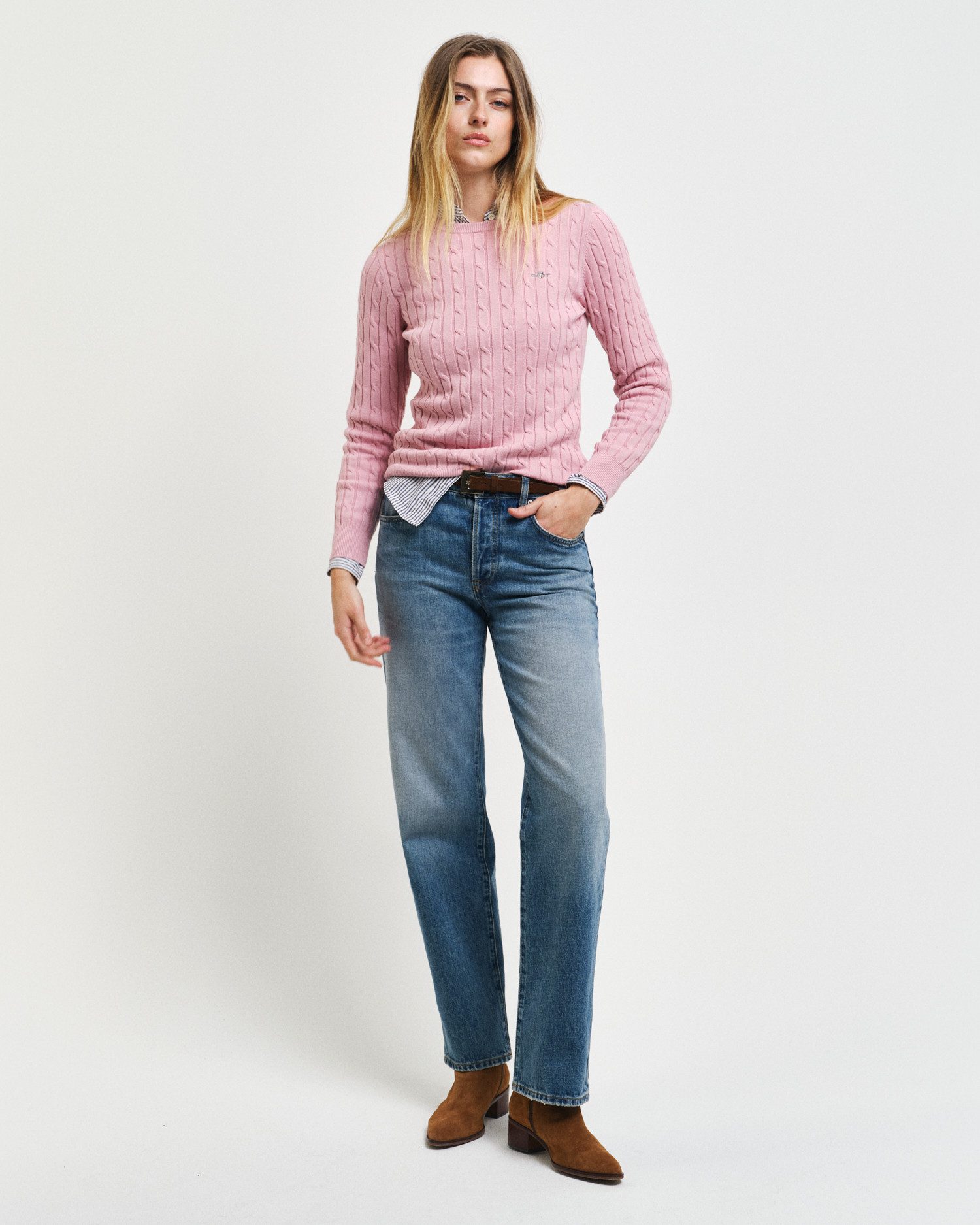 Gant Gebreide trui Stretch Cotton Cable C-Neck met logoborduursel op borsthoogte