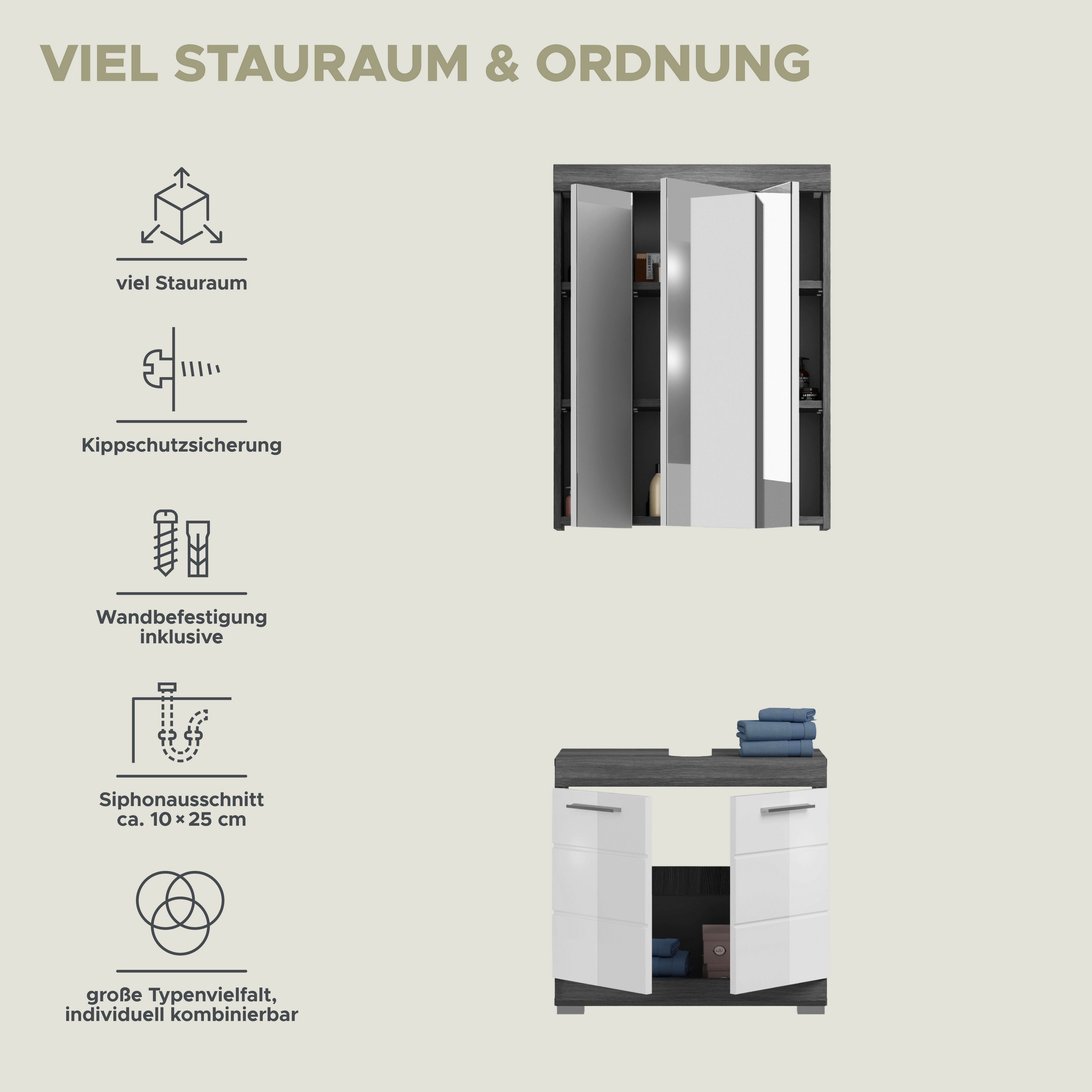 INOSIGN Badkamerserie Siena, 2-delig, bestaande uit: onderkast voor wastafel, spiegelkast in verschillende kleuren verkrijgbaar, badkamermeubels, combinatie, badkamer (set, 2 stuks)