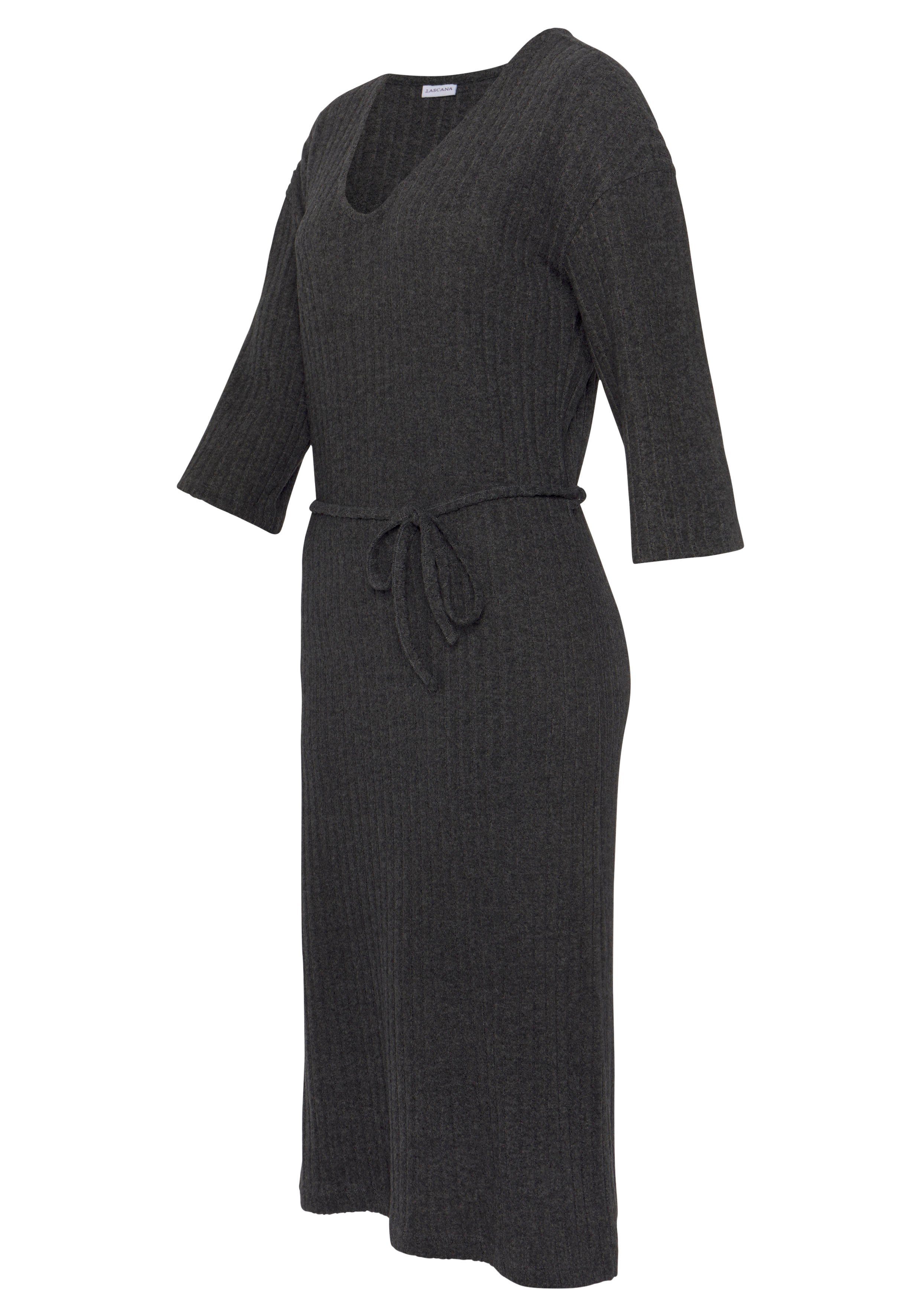 Lascana Gebreide jurk - Ribgebreide jurk, loungejurk Lounge-/rib jurk met wijde mouwen en tailleband, loungewear (1-delig)