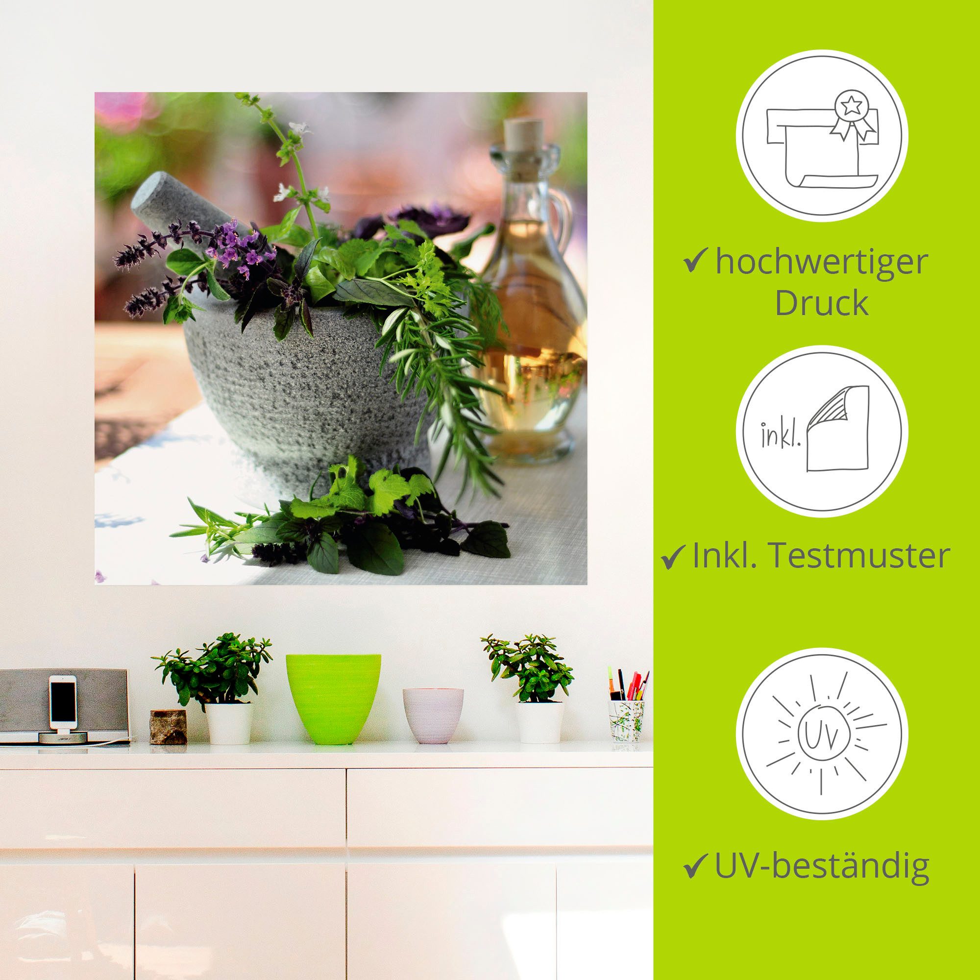 Artland Artprint Gezonde kruidenmix in de vijzel als poster, muursticker in verschillende maten
