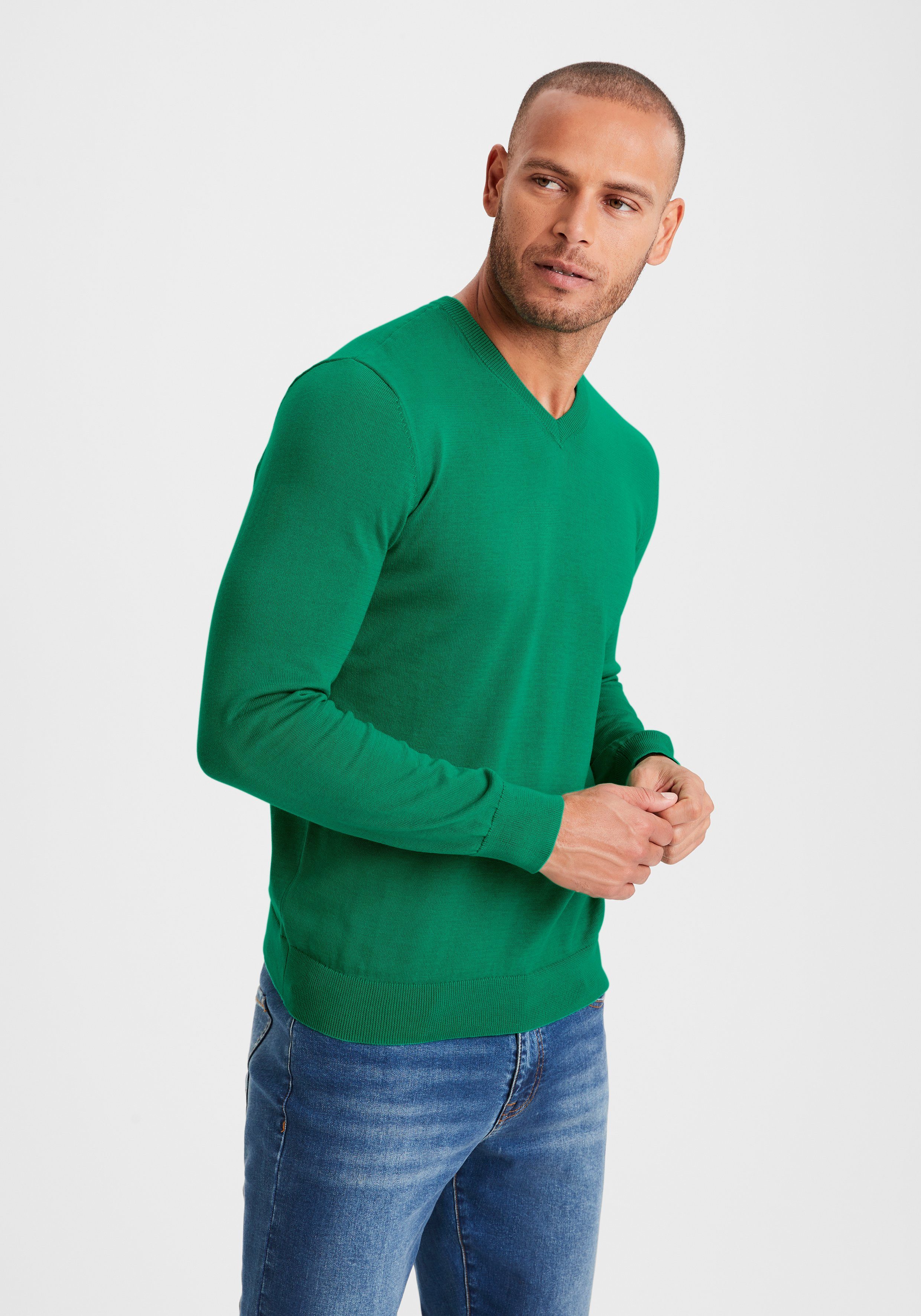 H.I.S Gebreide trui met v-hals, pullover van fijn breiwerk, katoenmix