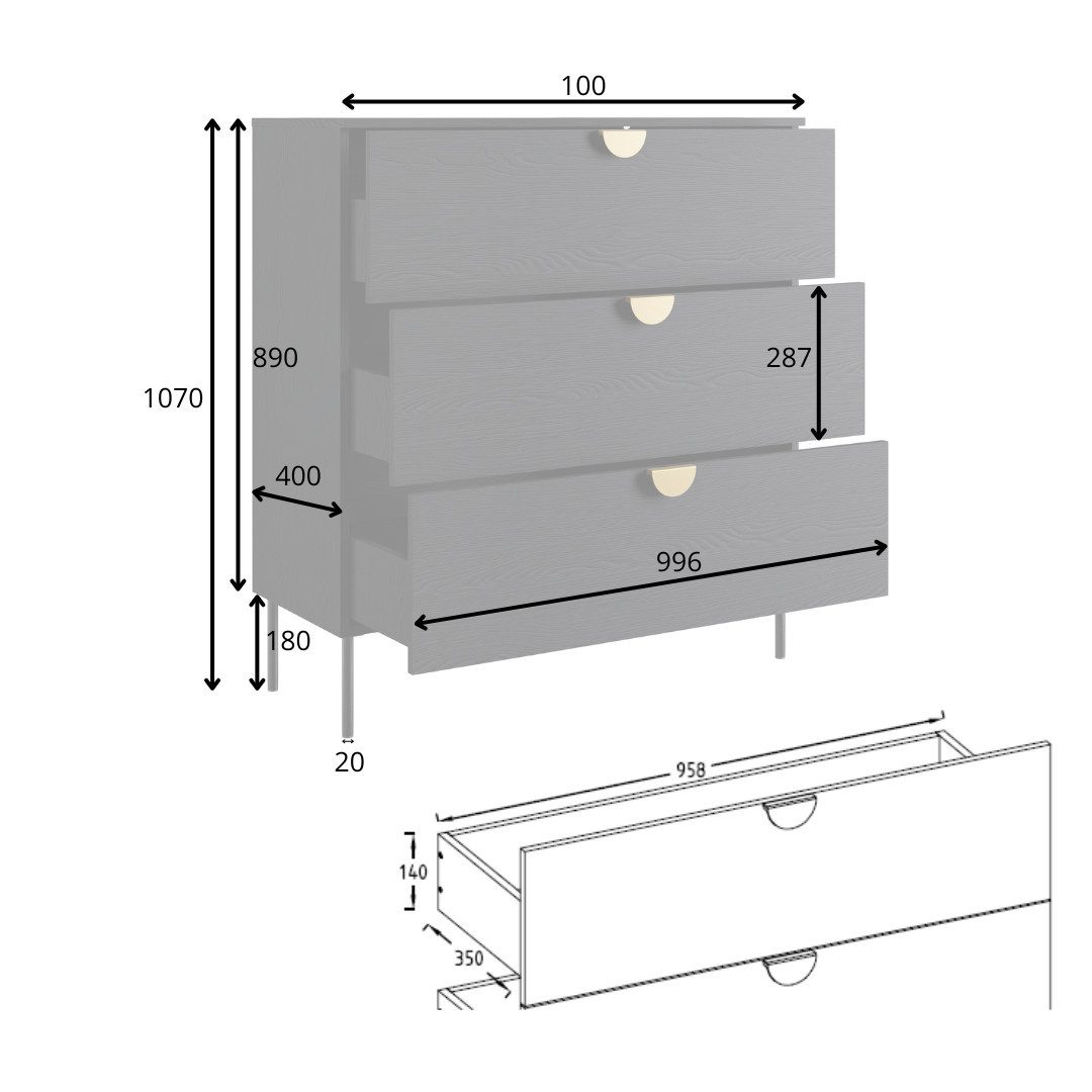 Leonique Kast Commode Bellot met 3 lades en goudkleurige metalen handgrepen