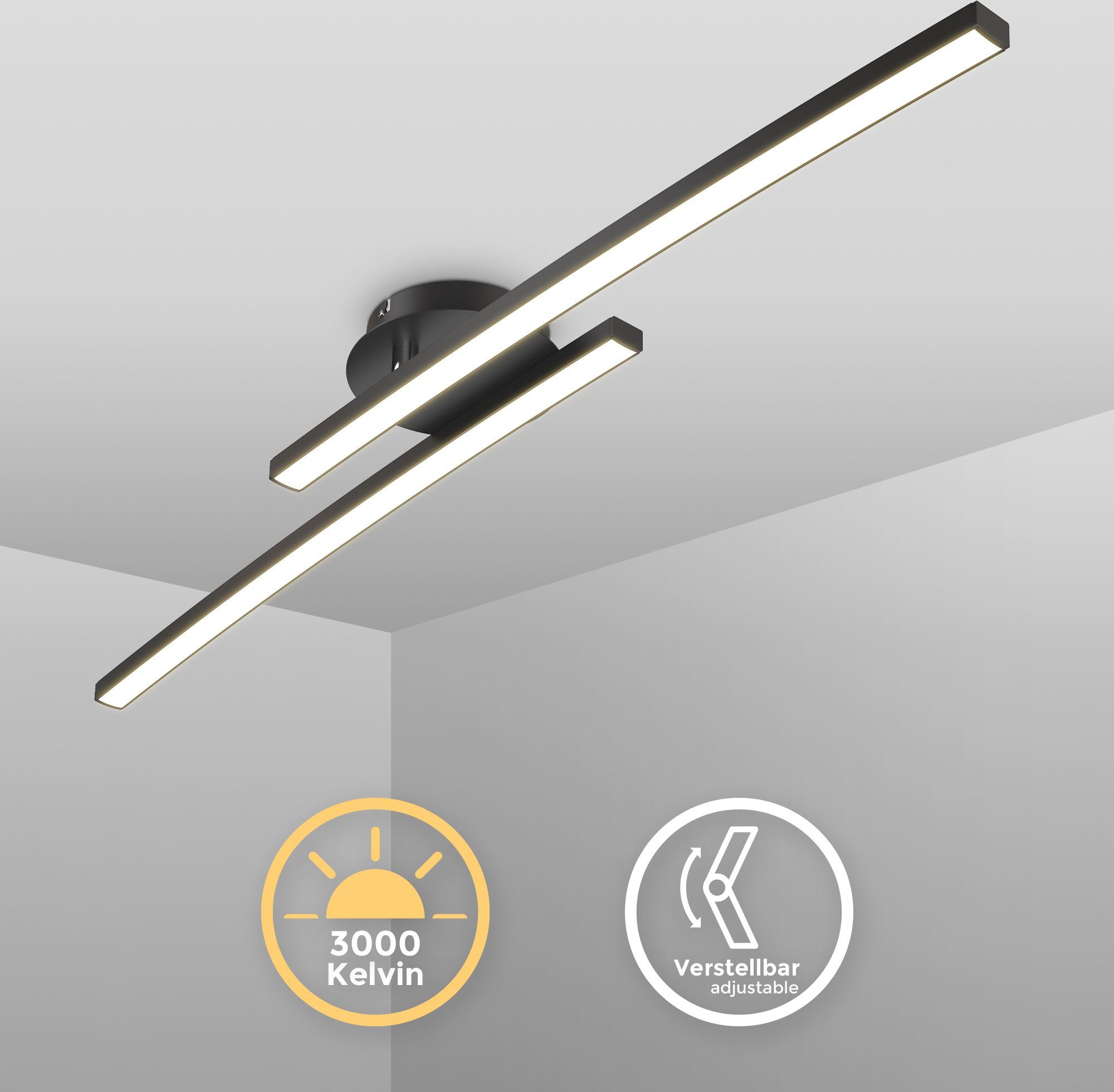 B.K.Licht Plafondlamp 2-vlamige 12w plafondlamp, kantelbaar, warmwit, zwart, 1100 lumen (1 stuk)