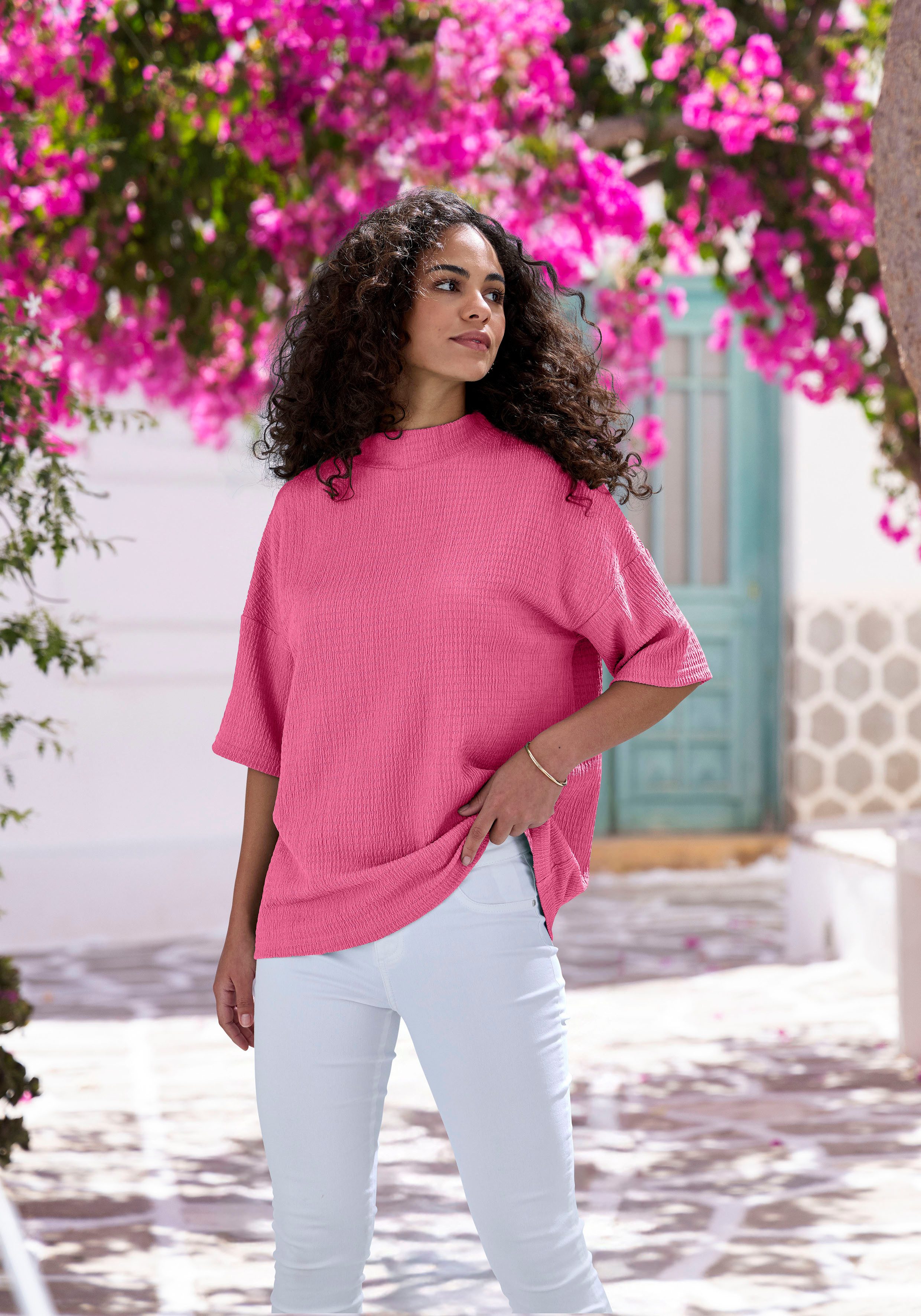 Lascana Shirt met korte mouwen Met opstaande kraag van kreukvrije crêpe-kwaliteit