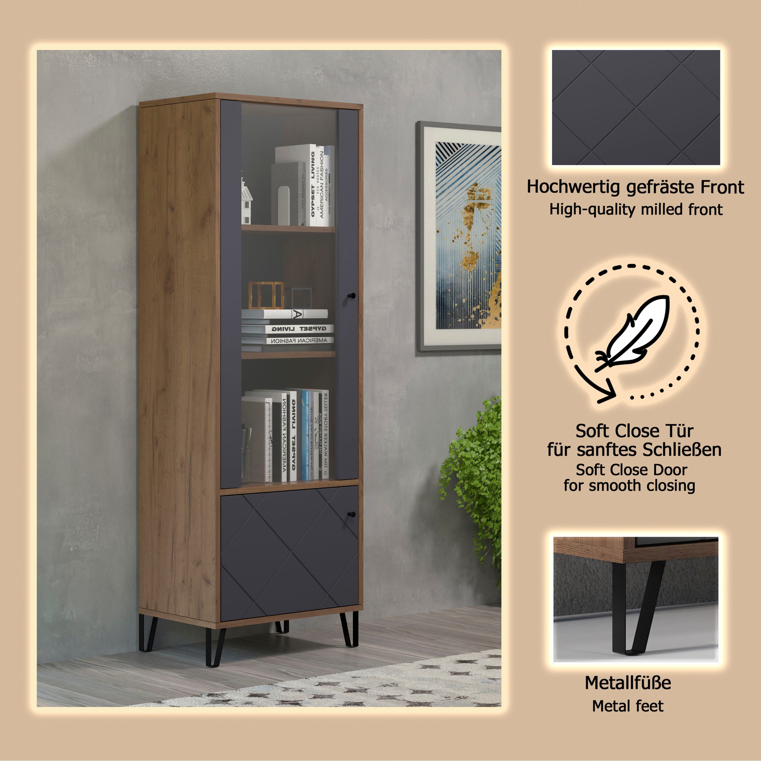 Places of Style Vitrinekast MOLVENO Woonkamer vitrine met voelbare grafiet vierkantlook - 63/40/172 cm (1 stuk)